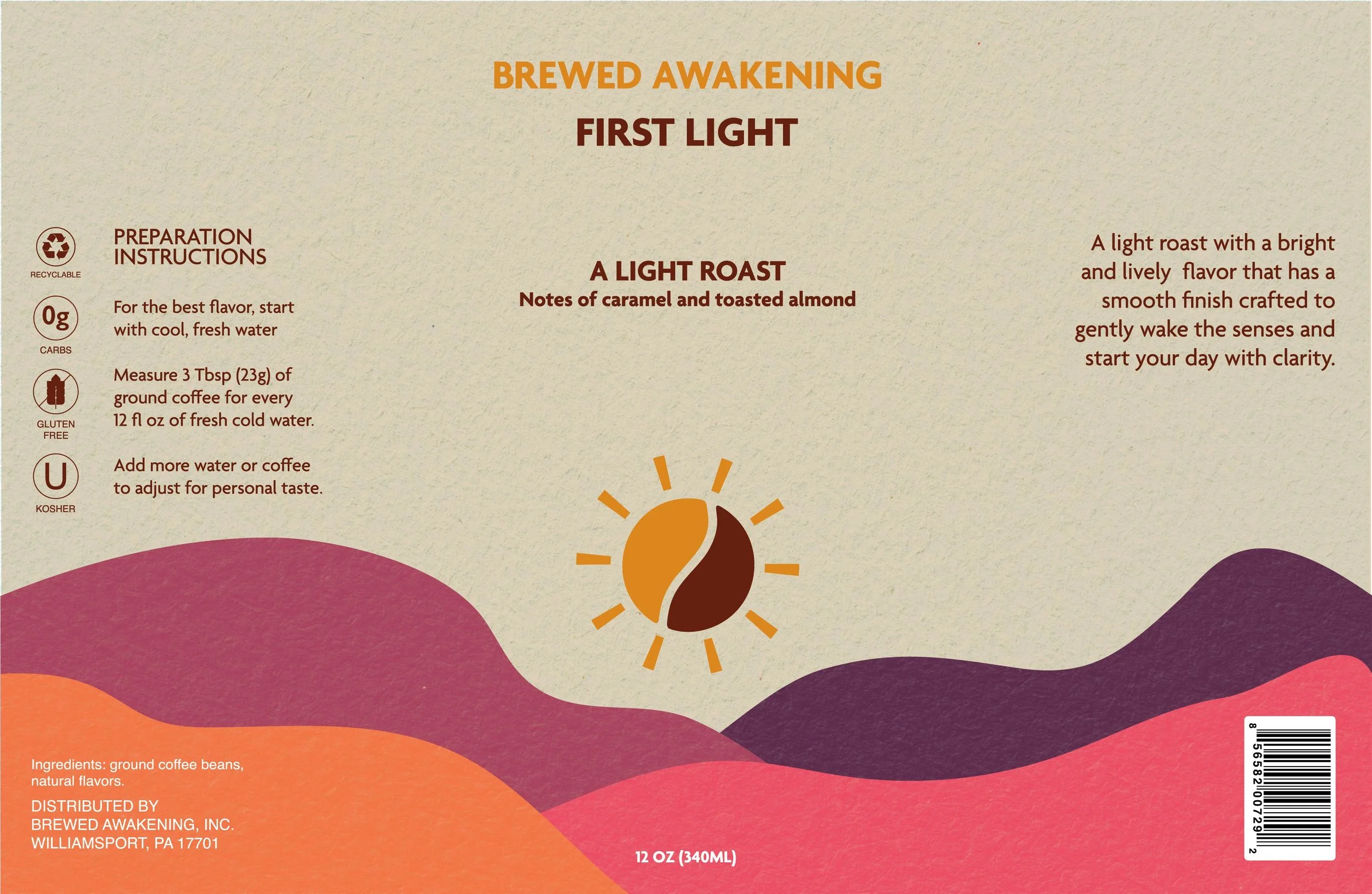 A beverage label for Brewed Awakening First Light, a light roast coffee. The label includes preparation instructions, ingredients, and distributor information. It has a colorful abstract background with orange, pink, purple, and beige tones, and features a stylized sun or coffee bean logo.