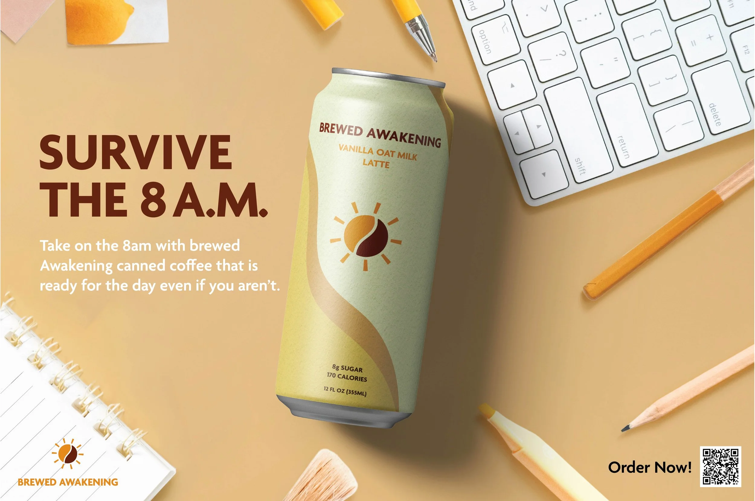 A can of brewed awakening vanilla oat milk latte placed on a yellow surface, surrounded by a yellow pen, a white computer keyboard, a wipe, a notepad, and yellow pencils. There is text on the image that reads: 'Survive the 8 a.m.', 'Take on the 8 am with brewed Awakening canned coffee that is ready for the day even if you aren’t.', and 'Order Now!'