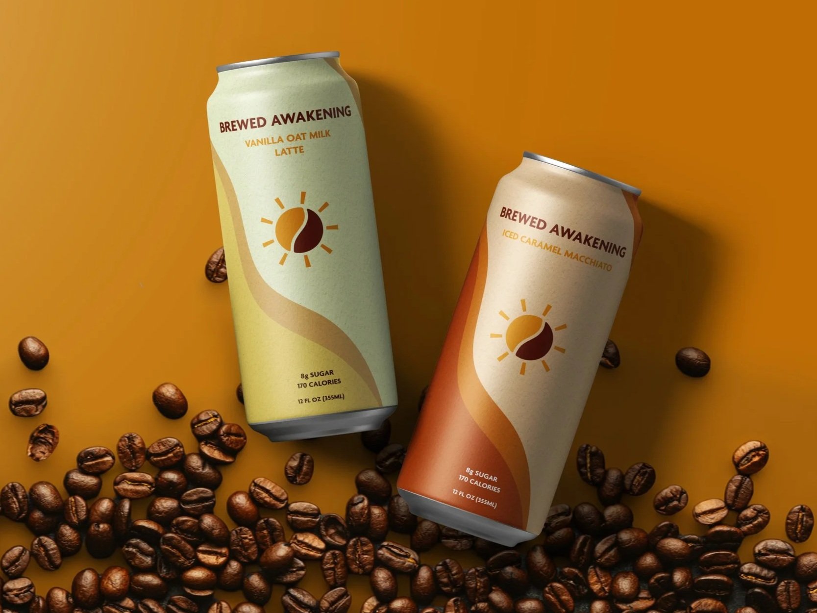 Two cans of brewed awakening coffee drinks, one vanilla oat milk latte and one iced caramel macchiato, surrounded by scattered coffee beans against a yellow background.