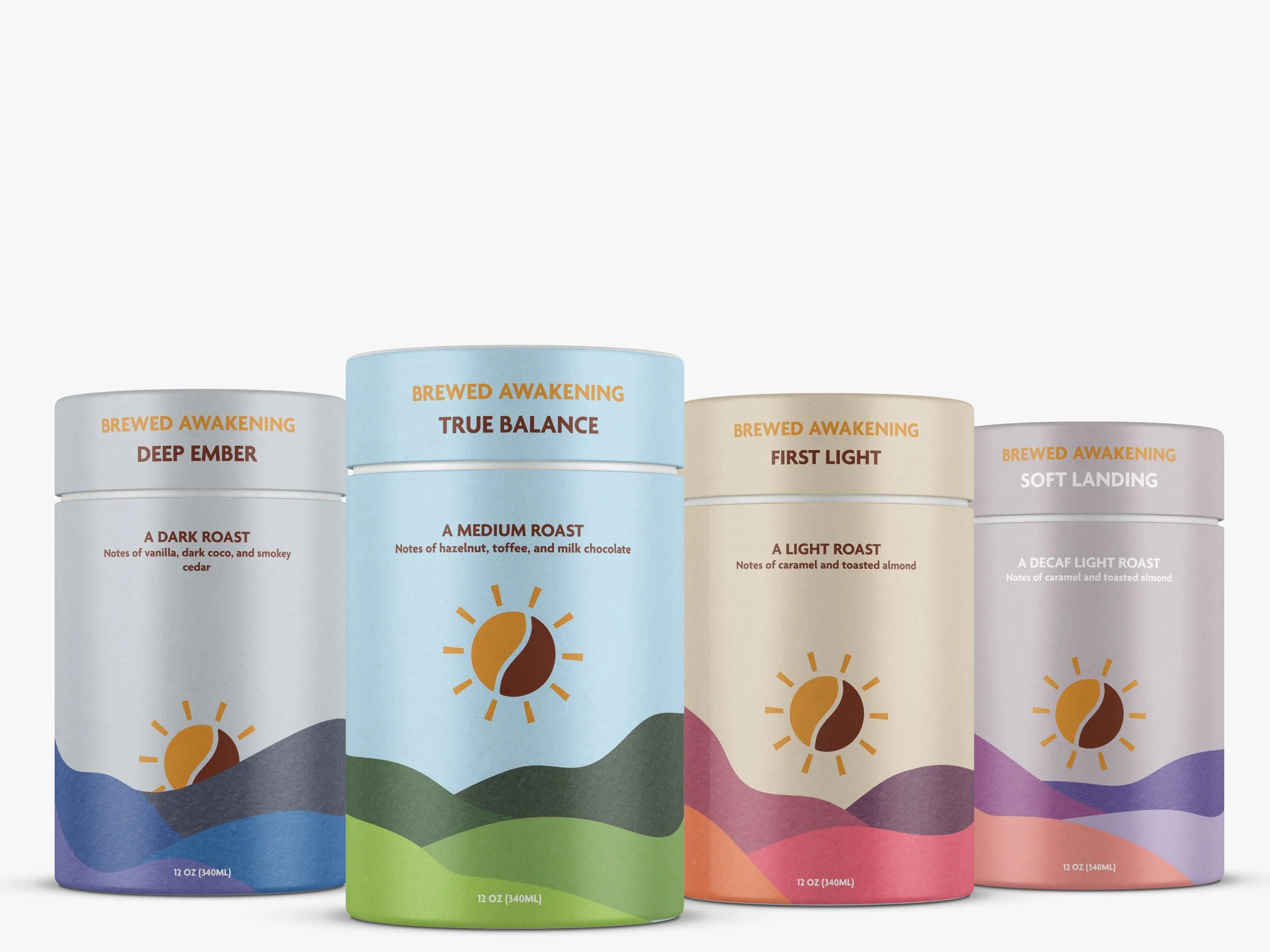 Set of five coffee cups with colorful mountain landscape and sun illustration, each labeled with different roast levels: Deep Ember, True Balance, First Light, Soft Landing, and A Dark Roast.