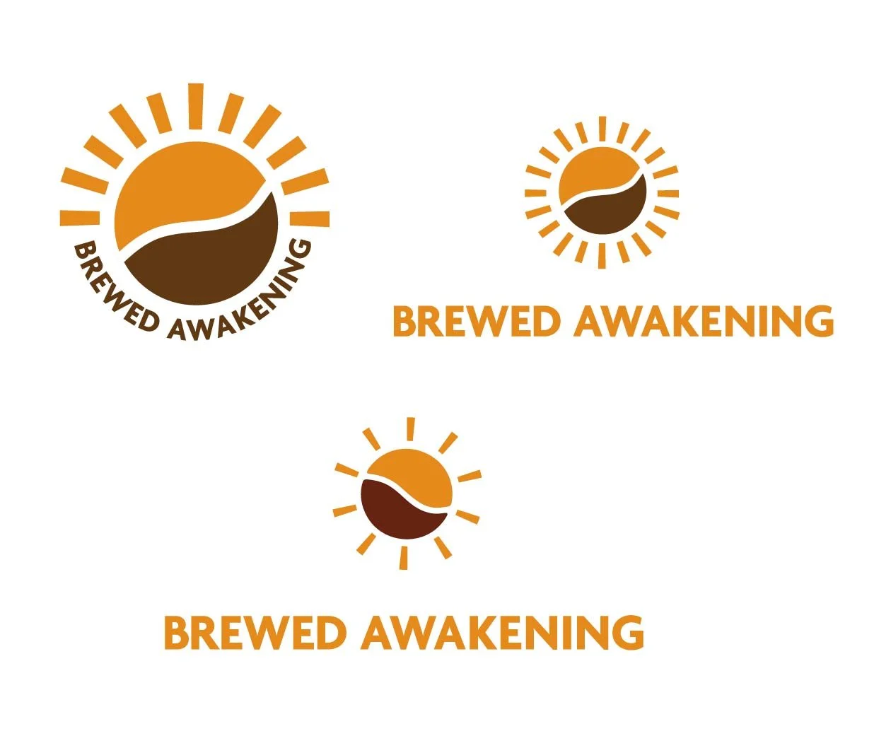 Three logos featuring a stylized sun with a half-brown, half-orange coffee bean in the center and rays extending outward. The logos are labeled "Brewed Awakening," "Brewed Awakening," and "Brewed Awakening" in bold orange text.