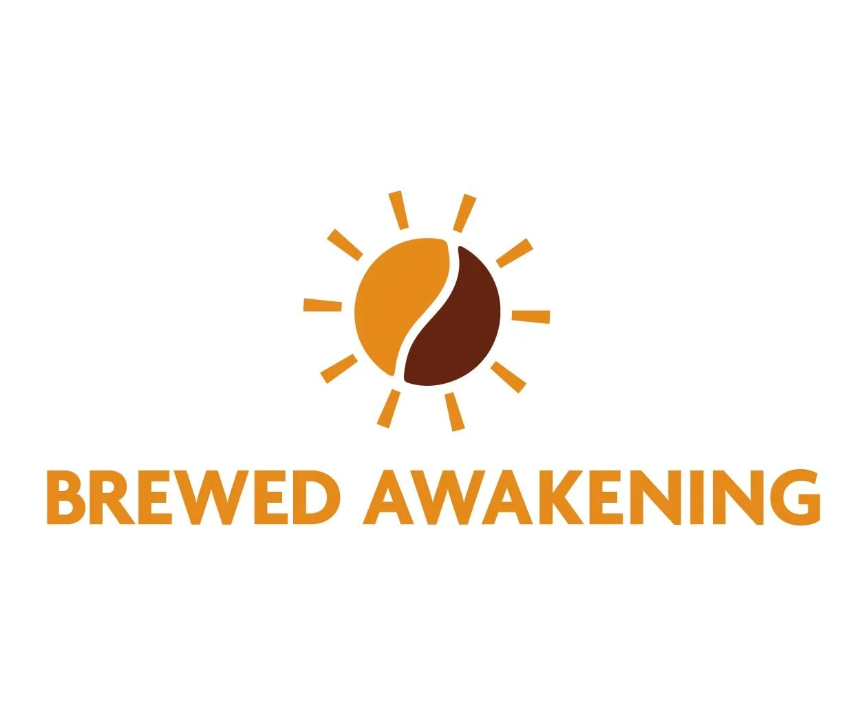 A stylized coffee bean with rays around it resembling a sun, above the text "Brewed Awakening" in orange capital letters.