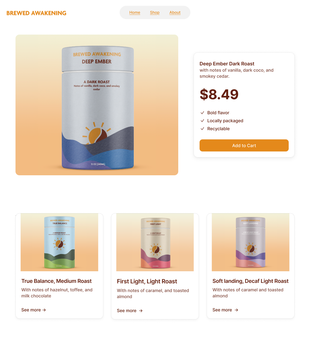 Product page for Brewed Awakening coffee, featuring a can of Deep Ember Dark Roast with notes of vanilla, dark cocoa, and smoky cedar, priced at $8.49, with additional coffee varieties below.