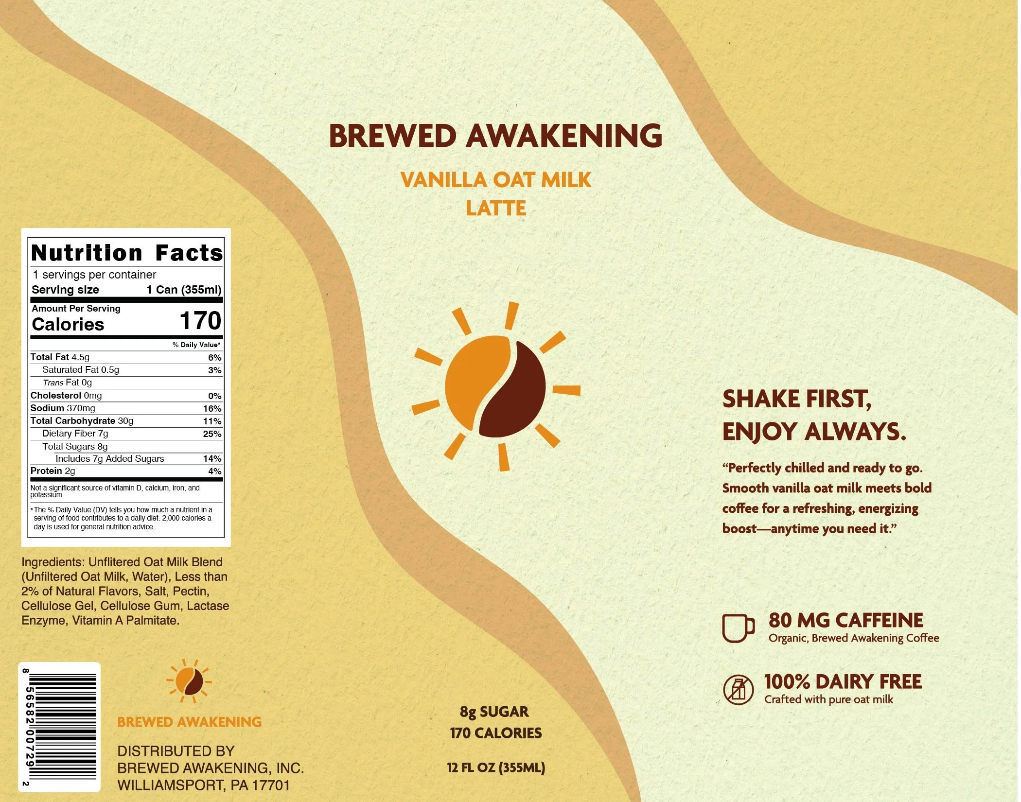 A label for Brewed Awakening vanilla oat milk latte showing nutrition facts, ingredients, and product benefits, including caffeine content and vegan, dairy-free options.