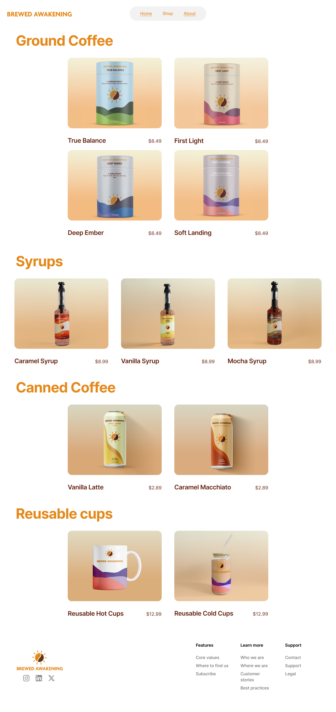 Online menu displaying Brewed Awakening coffee products, including ground coffee, syrups, canned coffee, and reusable cups with a neutral background and navigation links at the top.