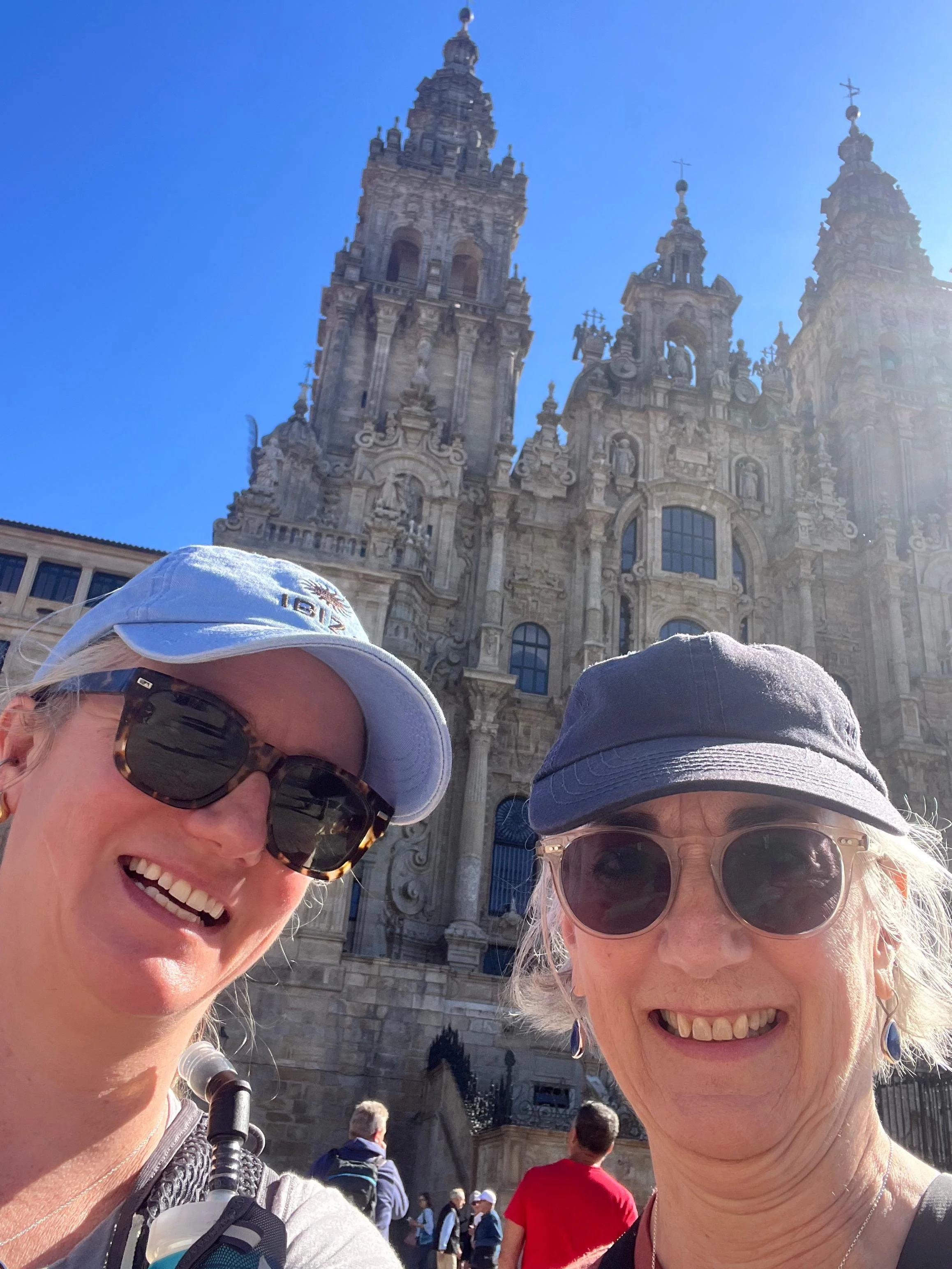 Margaret (R) with her daughter Emily at the cathedral in Santiago de Compostela