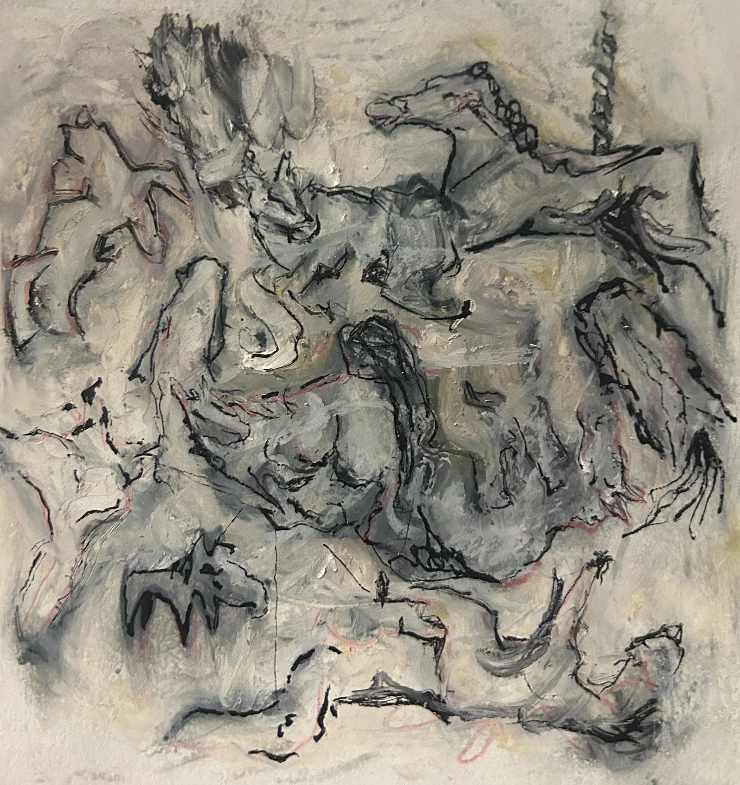 Abstract artwork with a mix of black, gray, and light pink lines and shapes on a beige background.