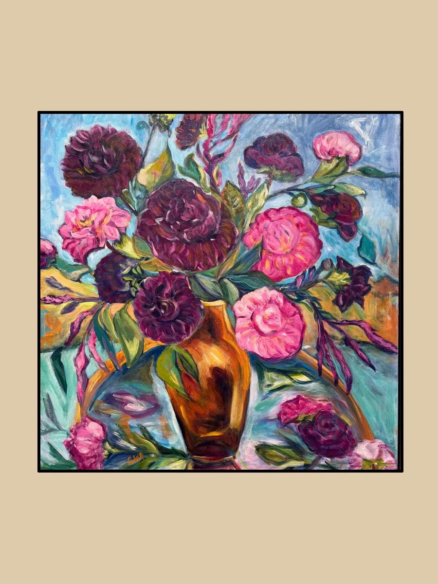 Dahlias in Iridescent Vase