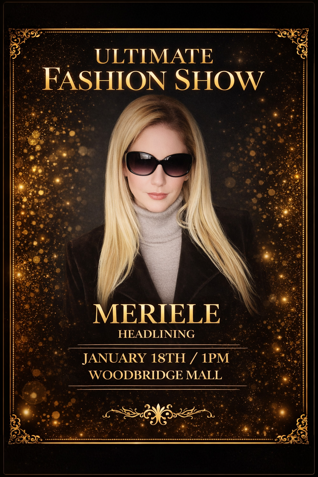 A fashion show poster featuring a woman wearing sunglasses, with gold sparkles and ornate borders. The text reads: "Ultimate Fashion Show, Meriele, Headlining, January 18th / 1PM, Woodbridge Mall."