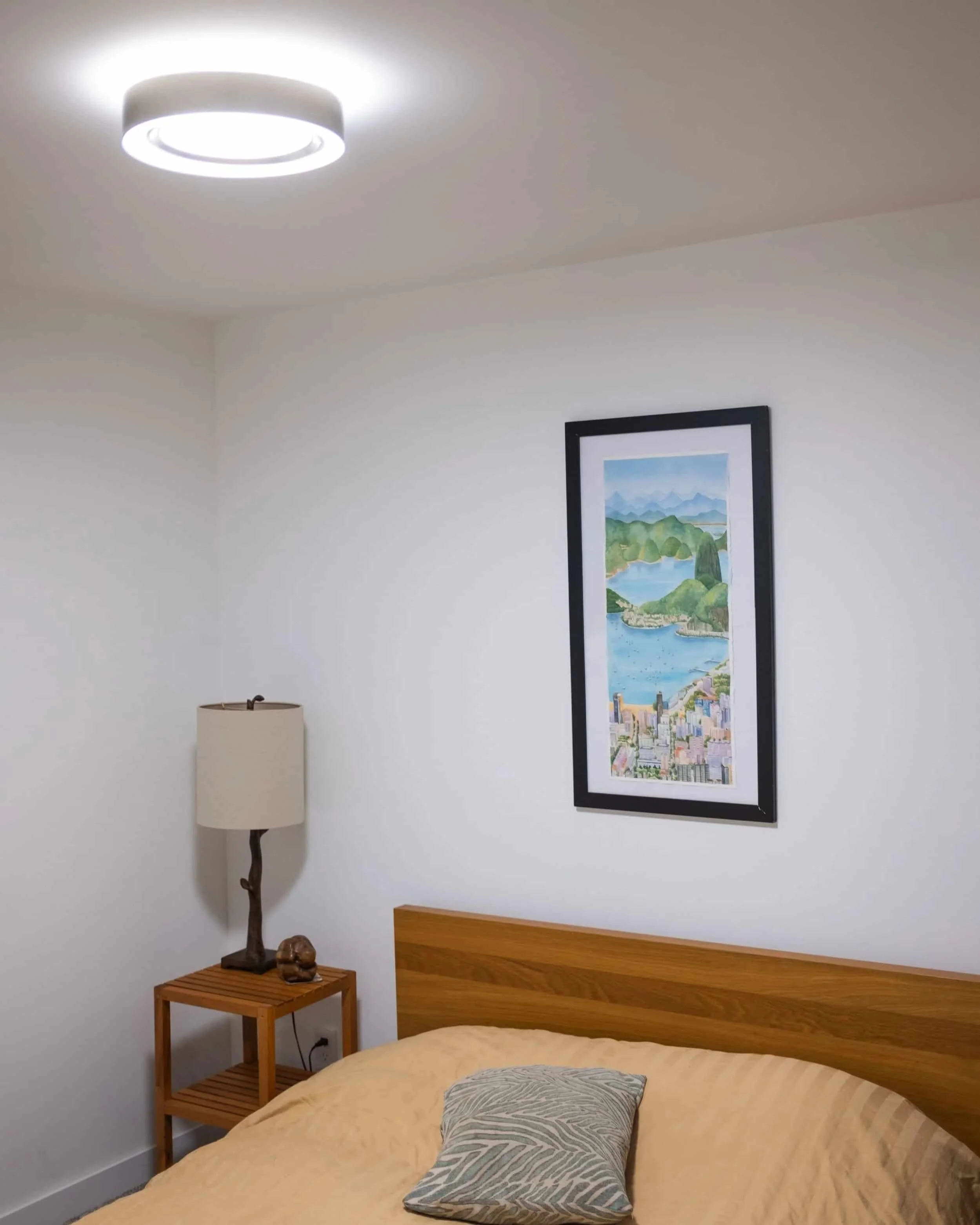 Modern semi-flush ring LED ceiling light installation in a Calgary home by the electricians at FuseSmart Electric.