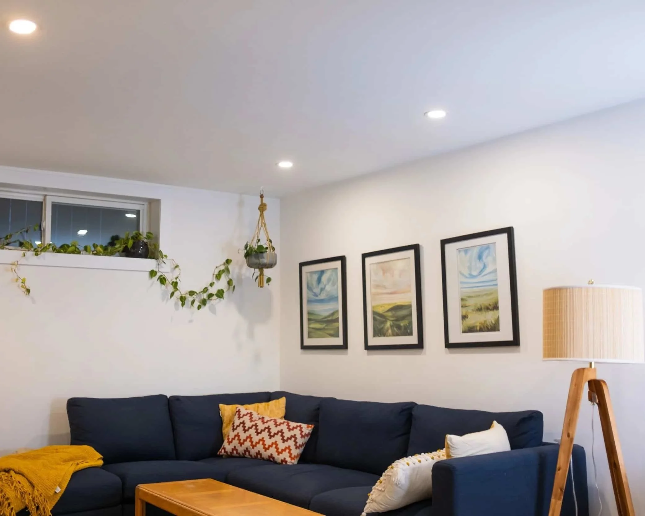 Pot lights installed in a freshly renovated basement in Calgary by the expert electricians at FuseSmart Electric. 
