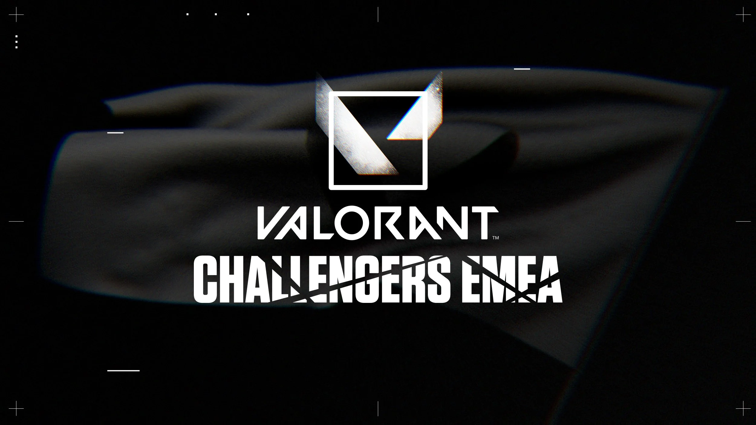 Logo for Valorant Challengers EMEA with a stylized 'V' in a square, featuring a dark background with a slight glow and a faint shadow of a hand.