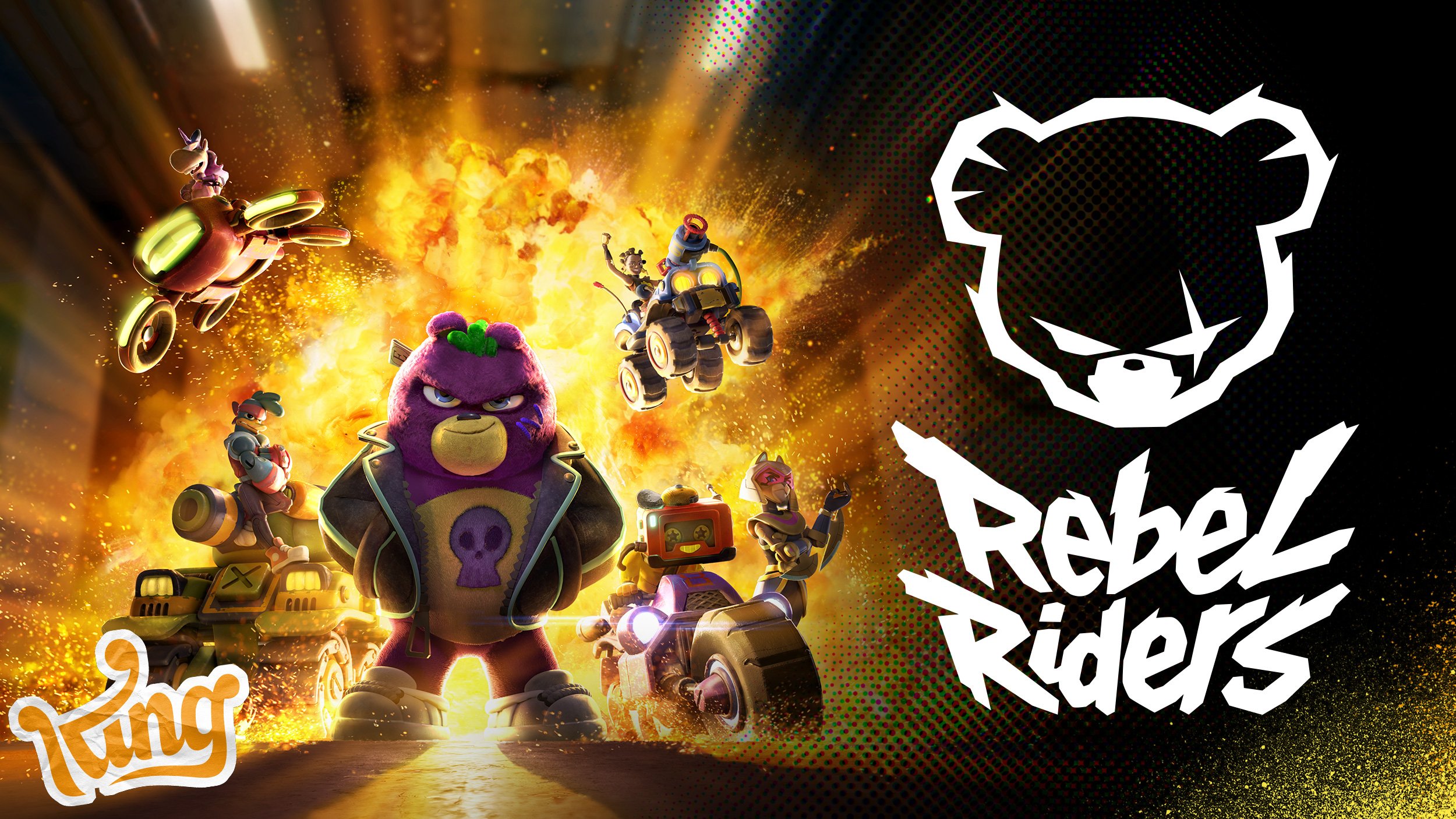 A group of characters, including a purple creature with a skull symbol on its shirt, a dog riding a quad bike, a robot, and a rider on a motorcycle, pose in front of an explosion with fiery background. On the right side is a black and white bear face logo with the words "Rebel Riders" in a bold, stylized font.