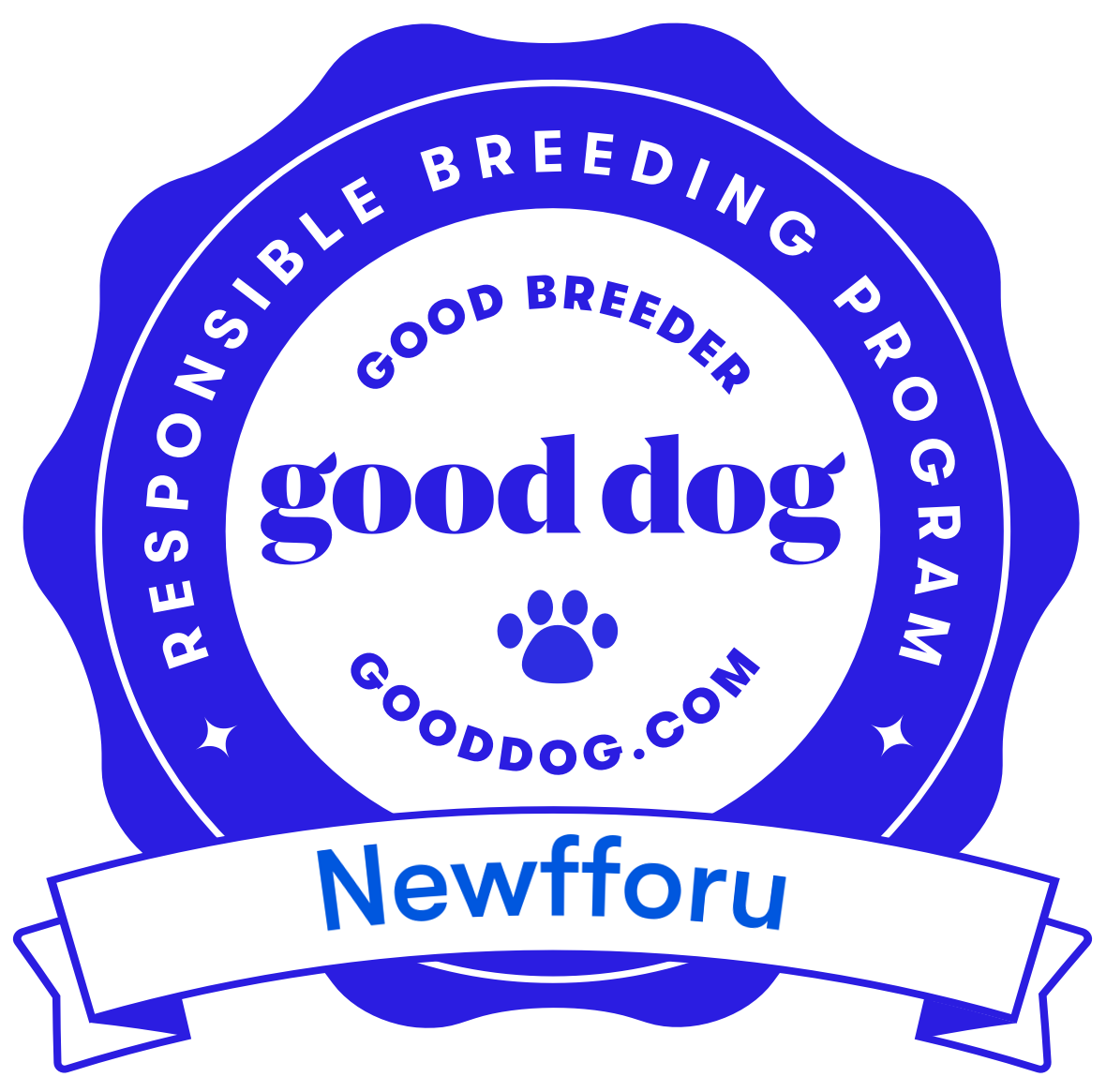 A badge for good dog breeders from gooddog.com with the words 'Responible Breeding Program,' 'Good Breeder,' and 'Good Dog,' and a paw print in the center. The bottom part has a banner with 'Newfou' on it.