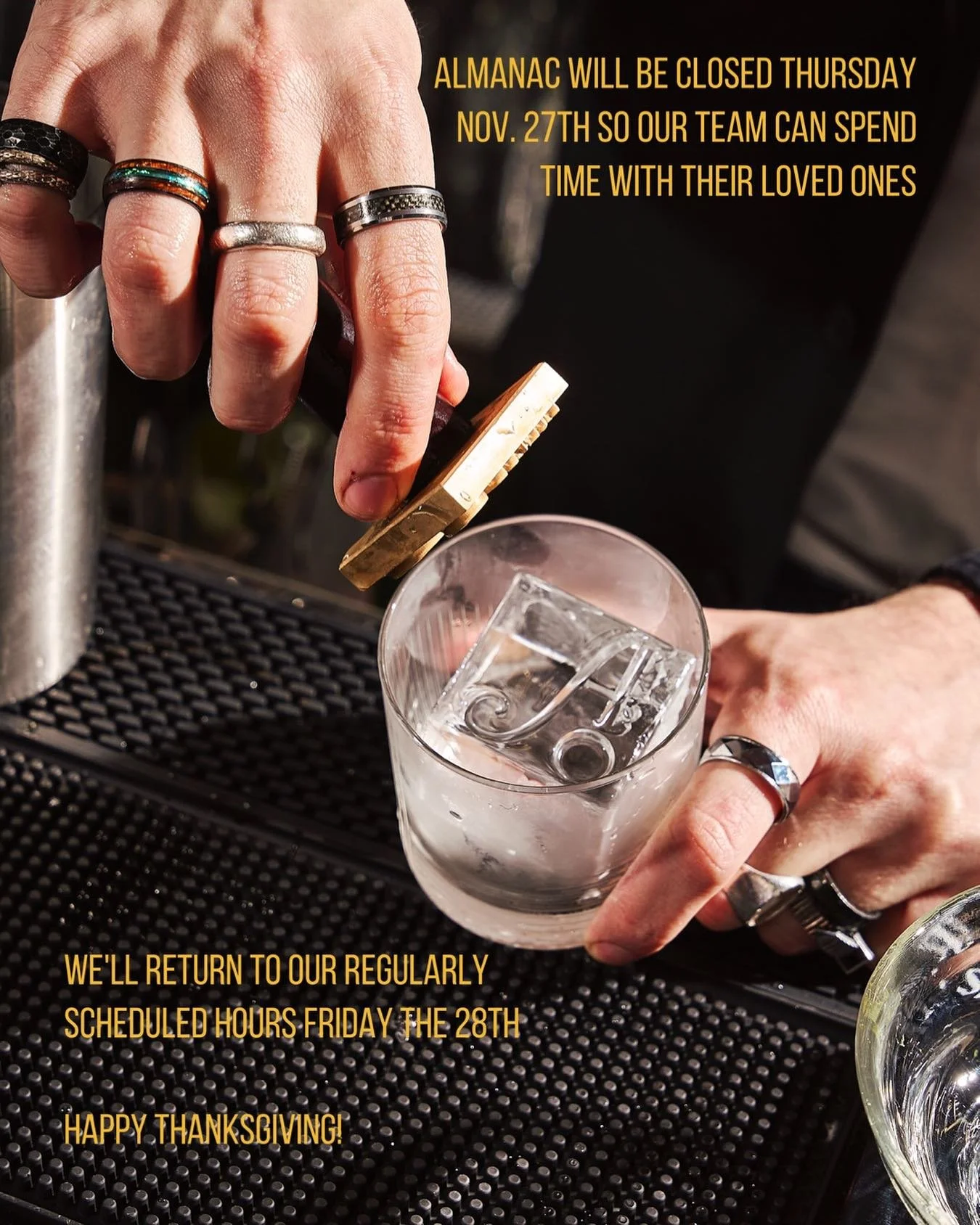 Almanac will be closed on Nov. 27th but we will be open for regular service hours on Friday Nov. 28th! 

Happy Thanksgiving from our team to you and your loved ones!