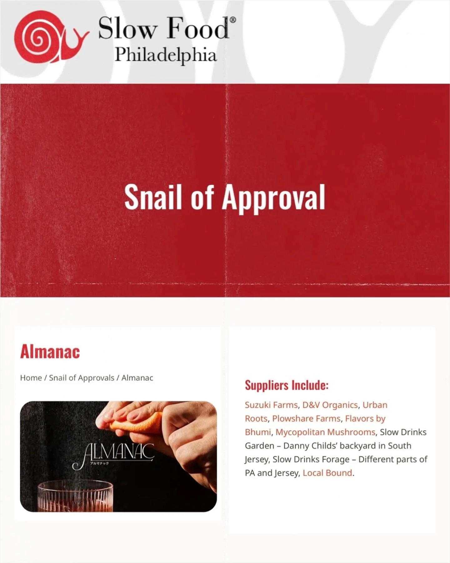 Thank you to @slowfoodusa for featuring Almanac as the only cocktail bar in Philadelphia on their snail of approval list!