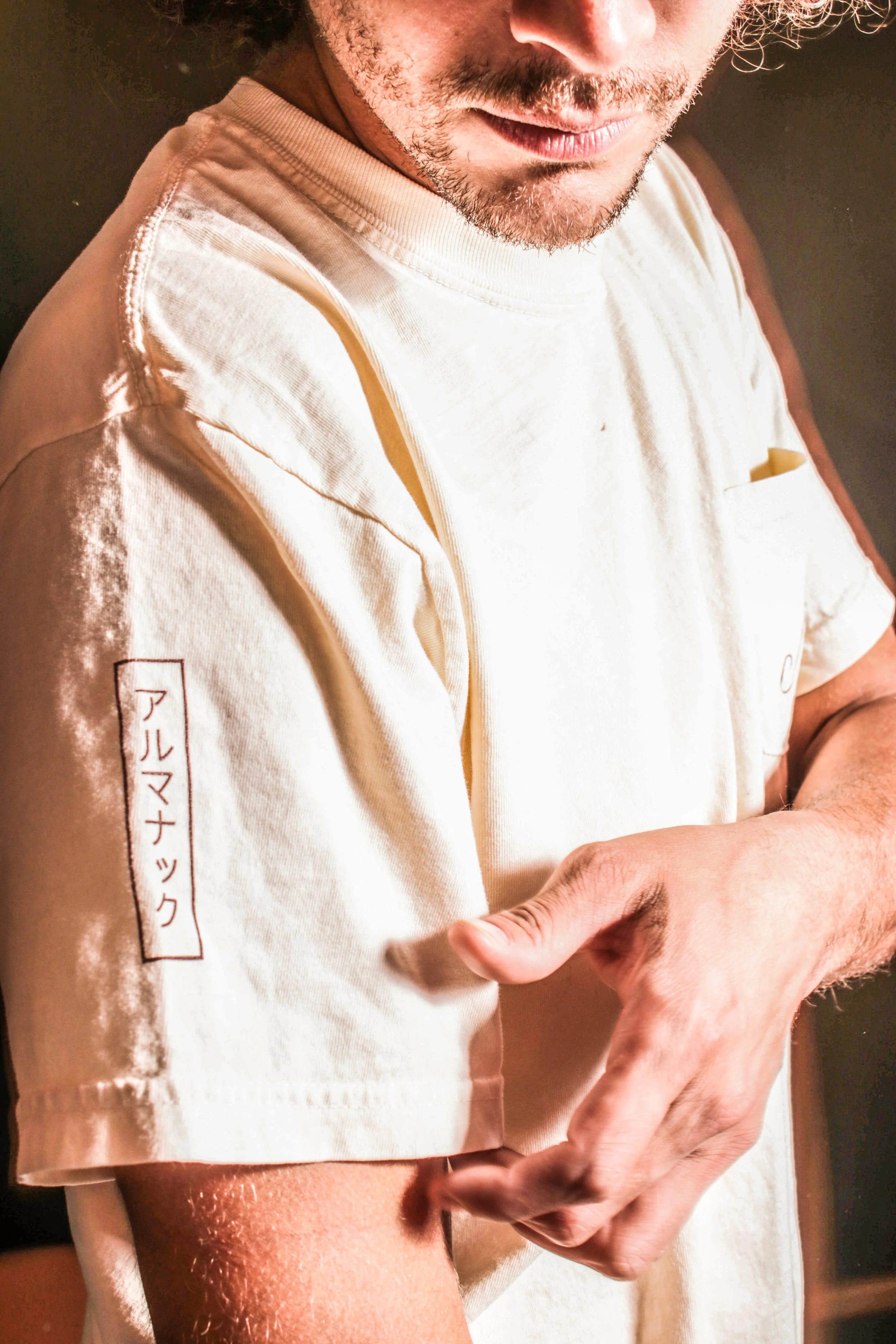 sleeve detail of cream almanac t shirt