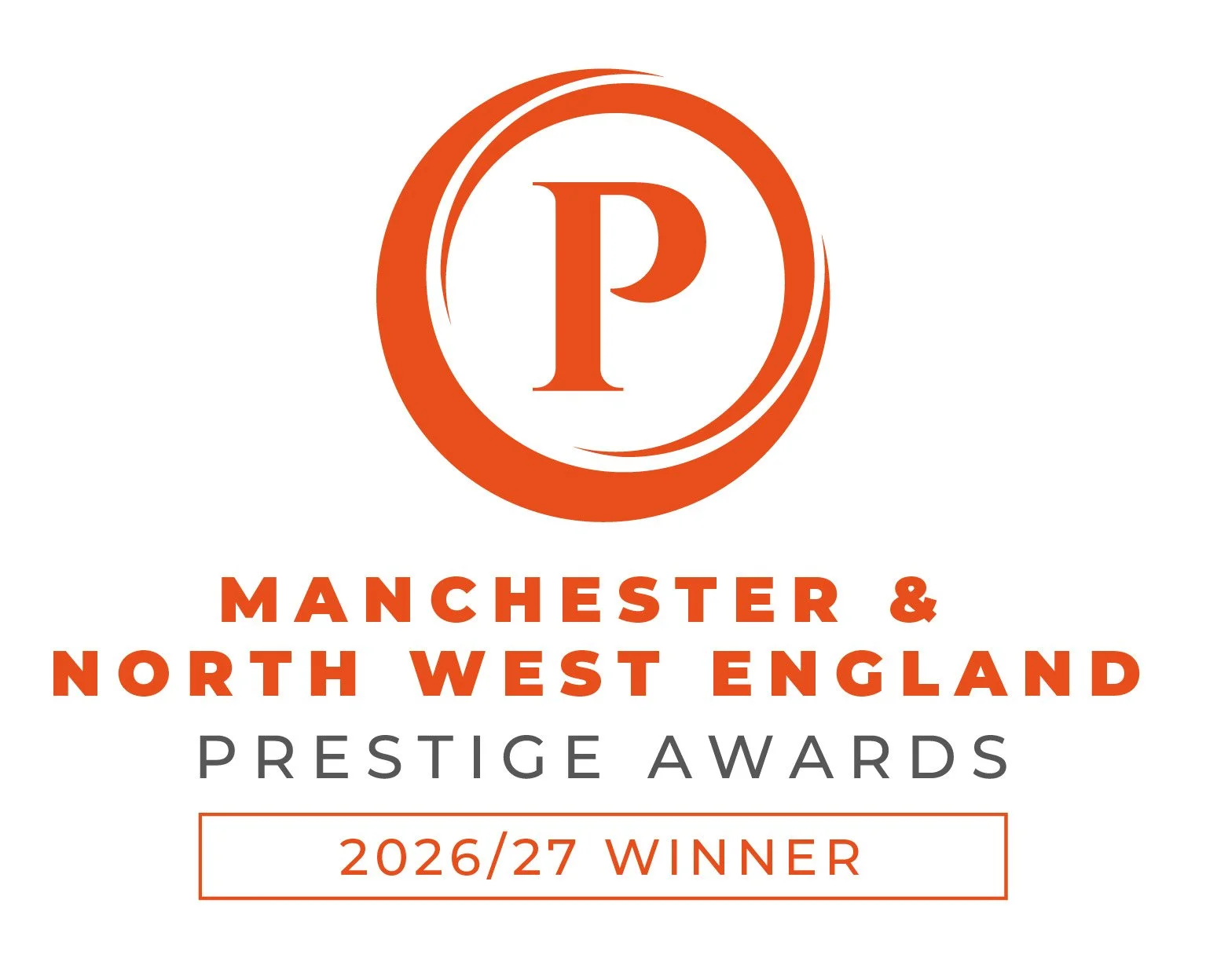 Manchester and North West England Prestige Awards 2026/27 Winner badge, featuring an orange circular emblem with a large 'P' in the center, and bold orange text indicating the award win.