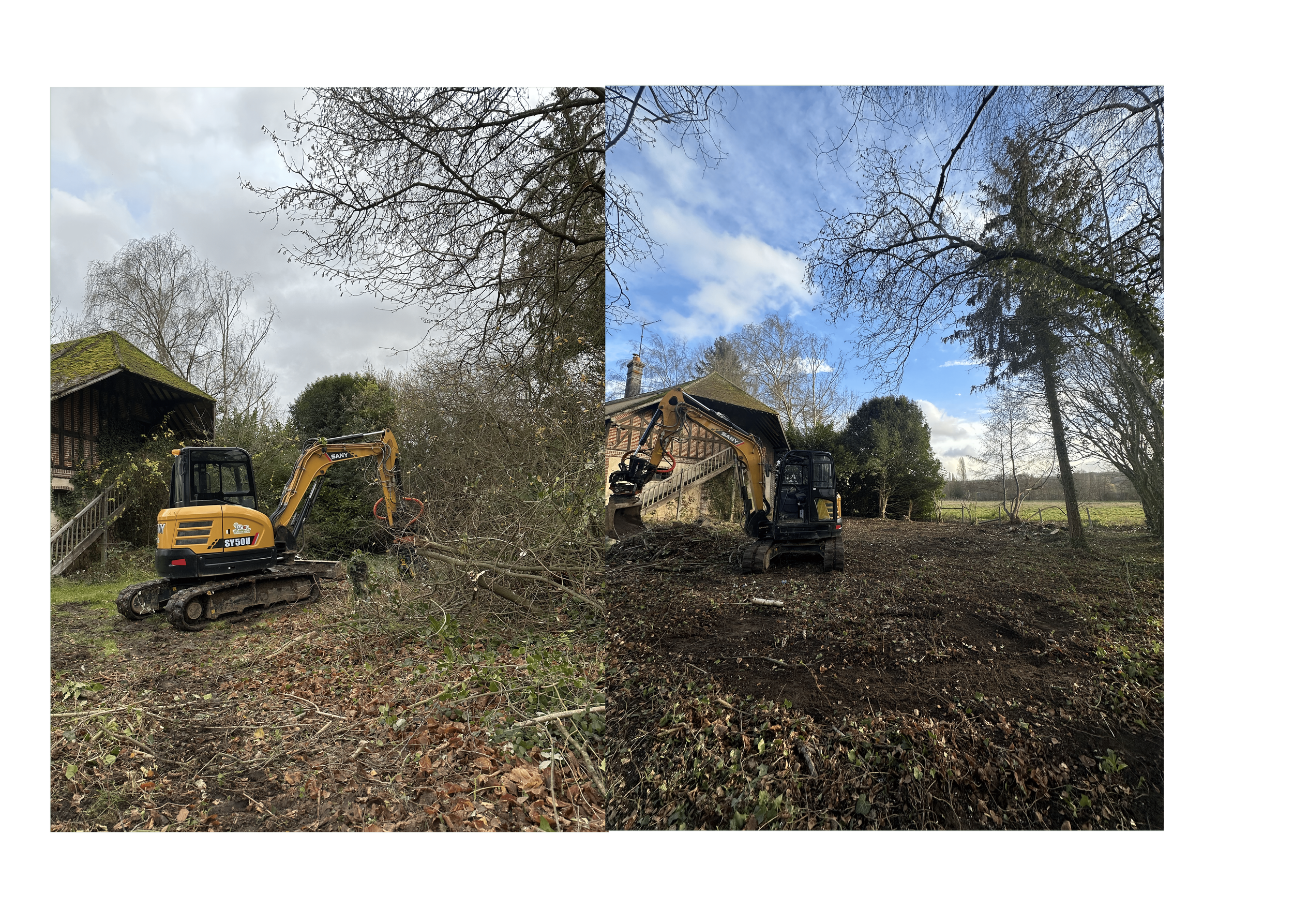 Une machine d'excavation sur un terrain en cours de défrichement avec un ciel partiellement nuageux et des arbres dénudés.