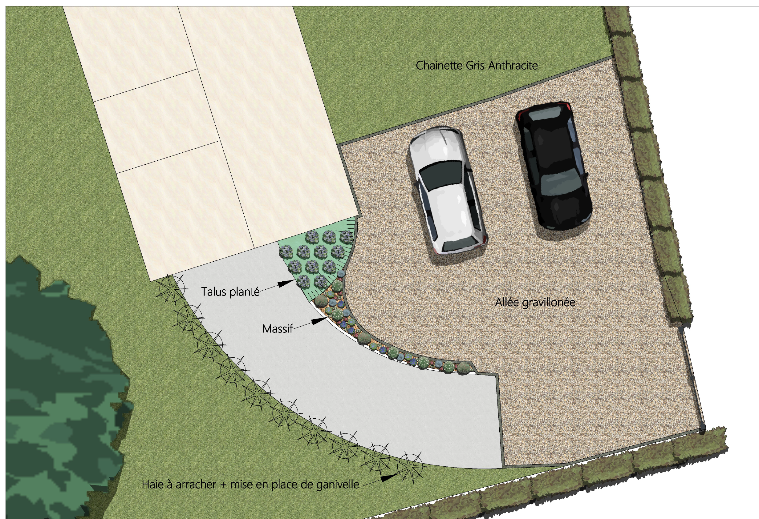 Plan d'aménagement d'une entrée de maison avec un parking en gravillons, une haie plantée, un massif de plantations, et un talus planté avec une chaîne en gris anthracite.