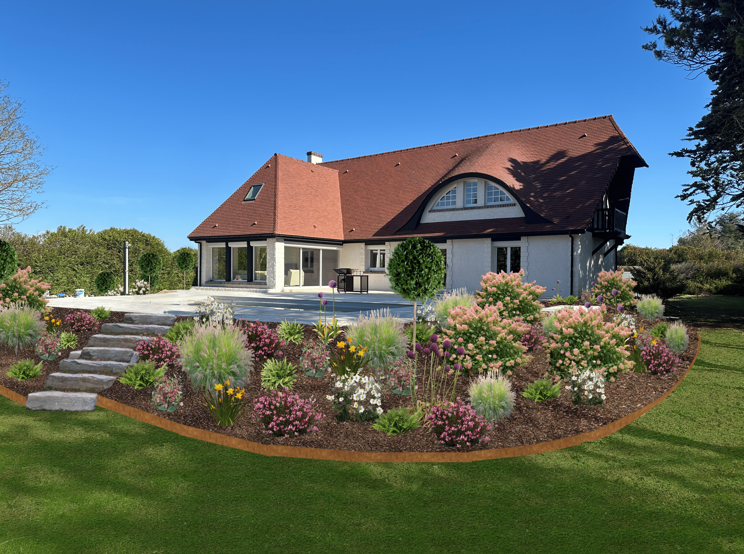 Maison avec toiture en pente rouge, grande terrasse, jardin avec fleurs colorées et arbustes, ciel bleu clair en arrière-plan.