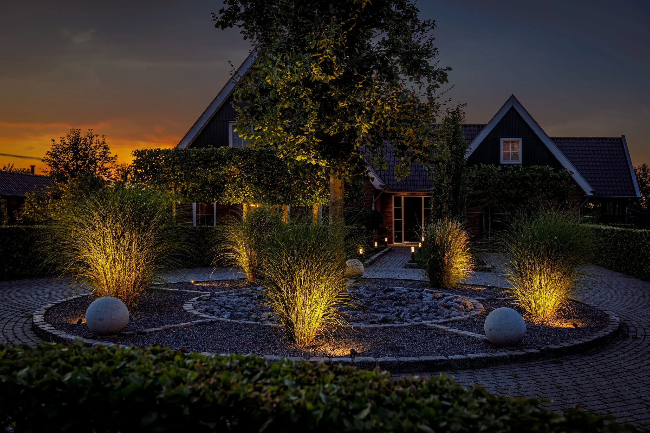 Jardin illuminé devant une maison avec des buissons et un arbre, au coucher du soleil