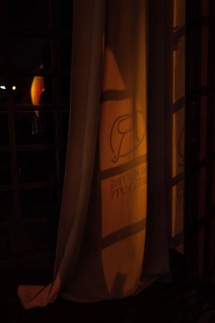 A dimly lit curtain with a shadowed logo and text projected onto it, behind a grid-like window.