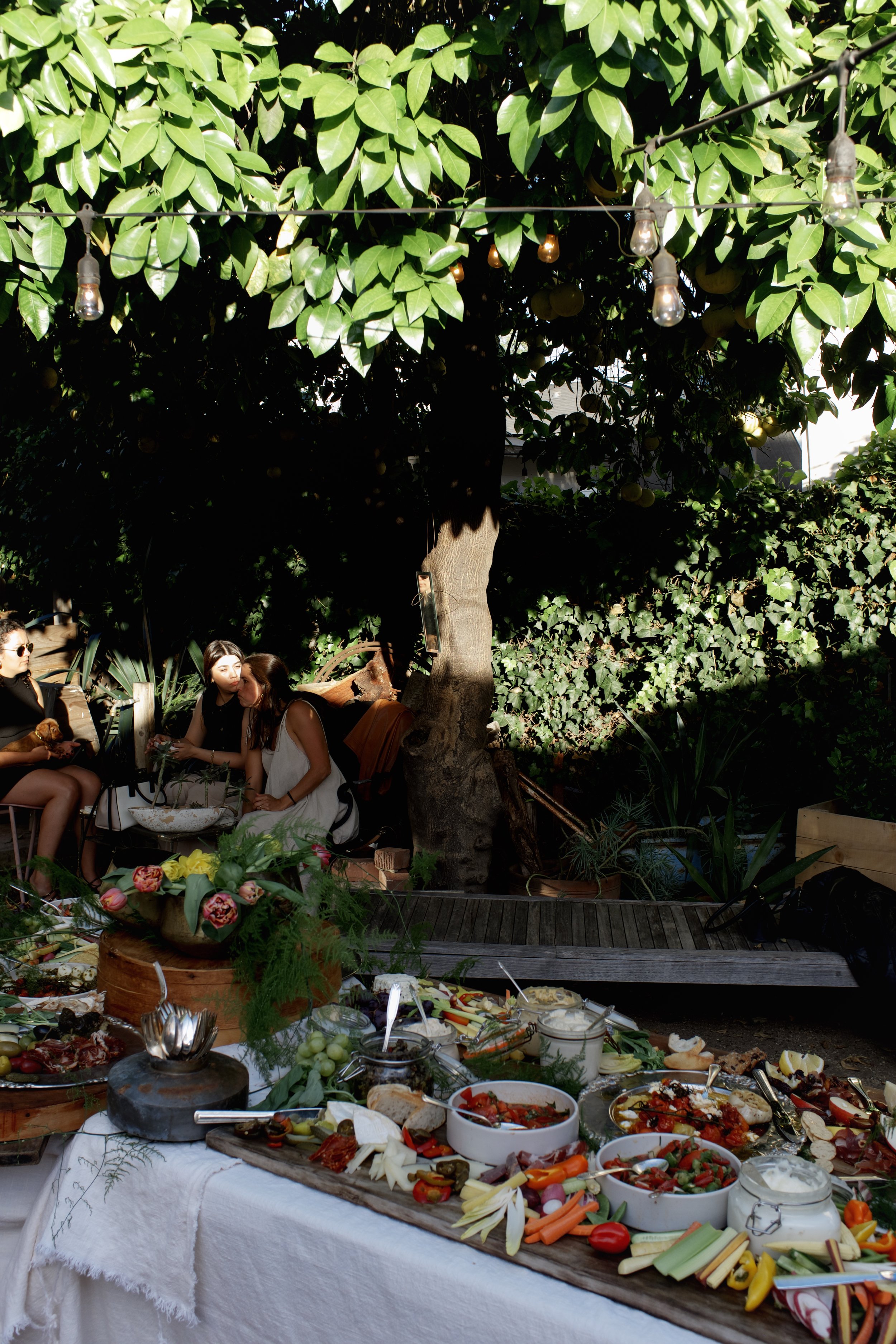 A long table covered with a white tablecloth, filled with various dishes, salads, and vegetables, set outdoors under a large green tree with string lights hanging above.