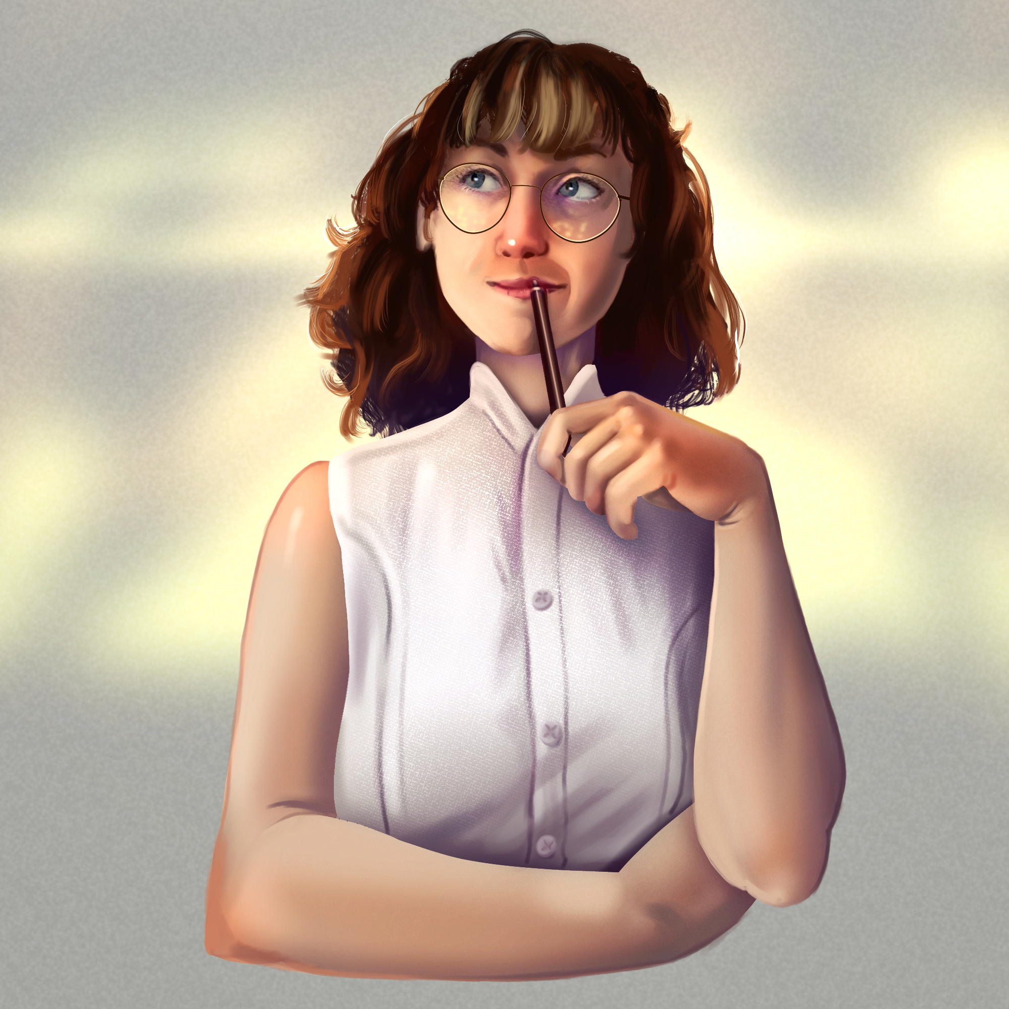 A drawing of Lydia from the waist up. She's wearing a while sleeveless blouse with a stand collar. She has a pen pressed thoughtfully against her mouth and her eyes are drifting to the upper left corner.