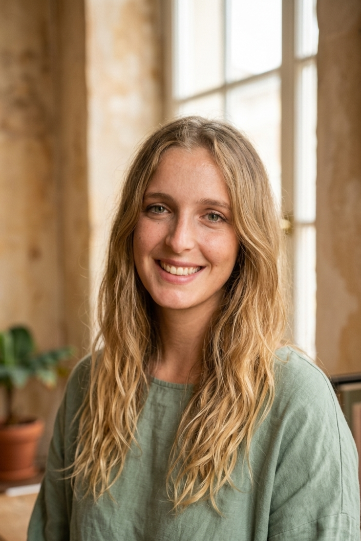 Sofia Cornali, young woman with long wavy blonde hair smiling in a well-lit room with large windows and a potted plant in the background.