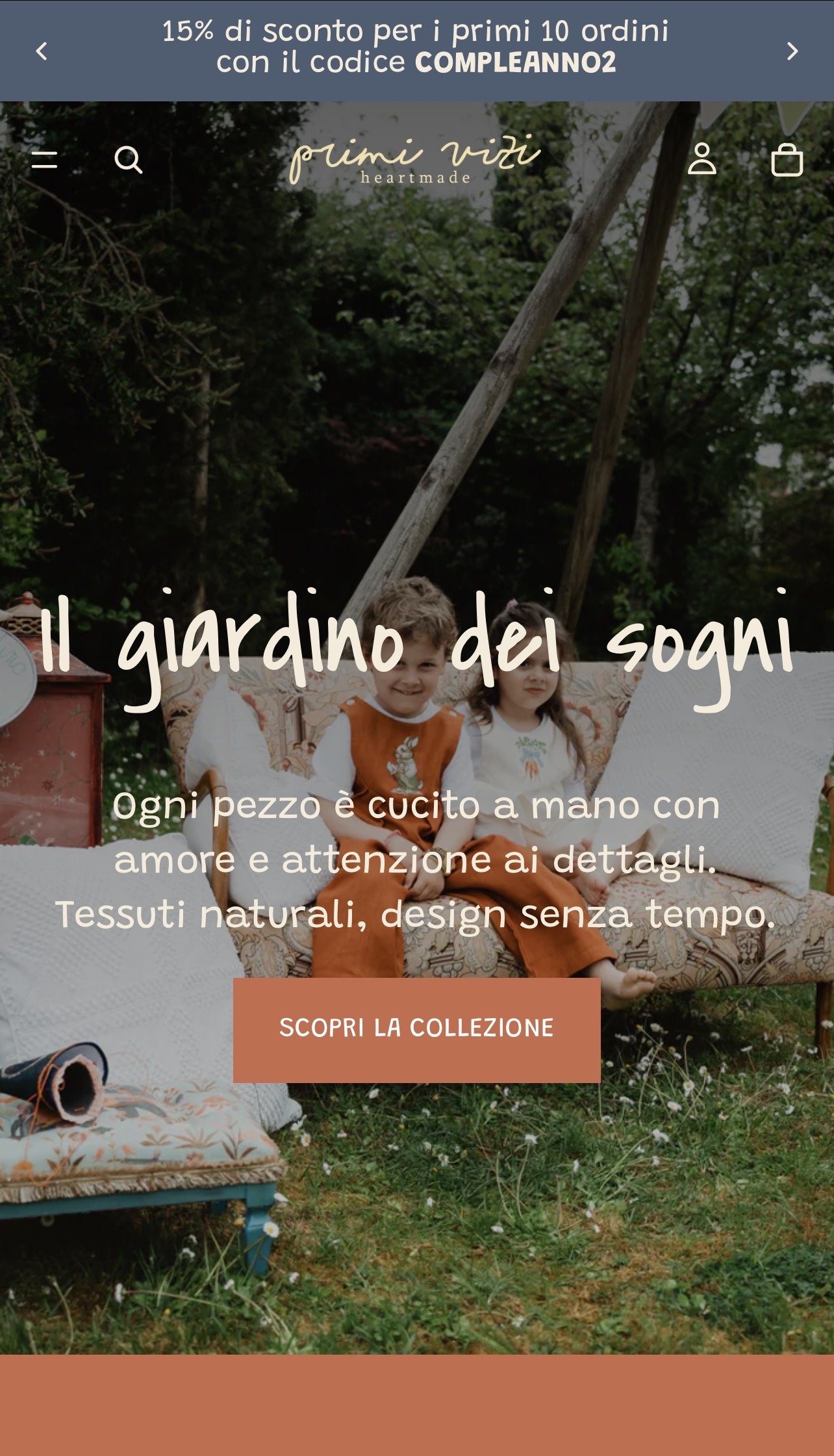 Primi Vizi: a boutique e-commerce destination for artisanal children's apparel and home accessories, meticulously created from repurposed luxury textiles to promote sustainable fashion.
The project  included full Shopify setup, web design, back-end d