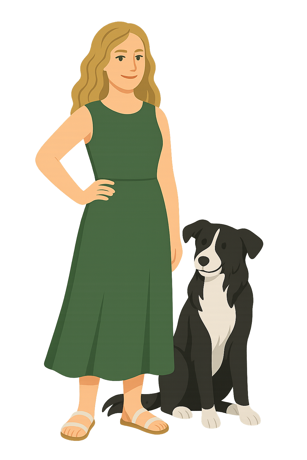Illustration of a person in a green dress standing next to a black and white dog on a dark background.