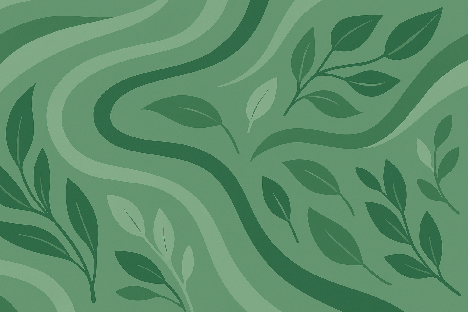 Abstract green leaves pattern with wavy lines on green background.