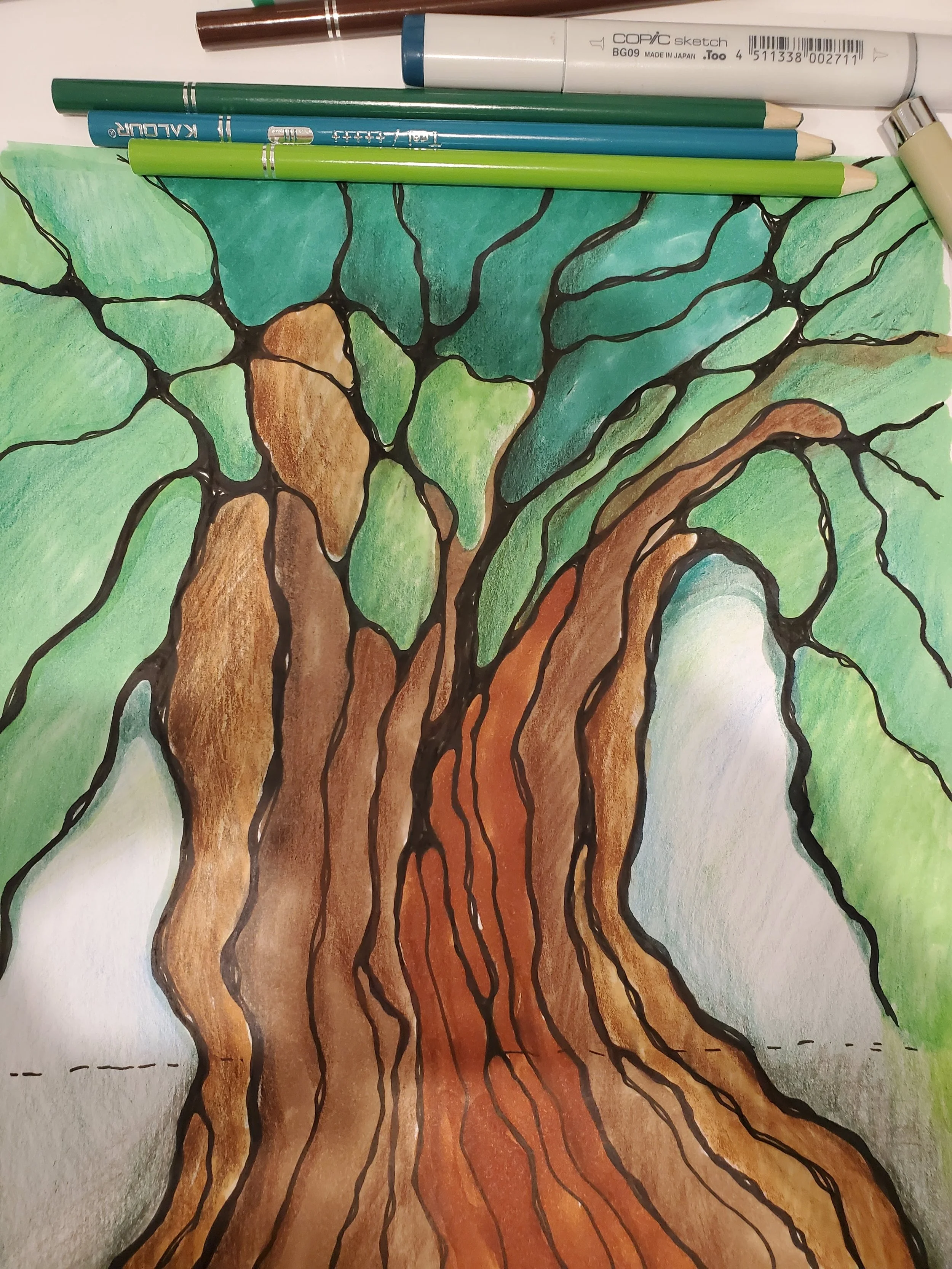 Neurographic style drawing of a tree with brown trunk and green crown