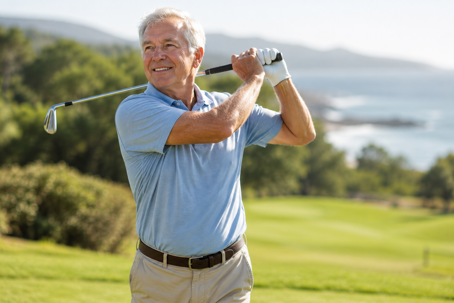 Active older adult enjoying golf through improved mobility, strength, and freedom of movement.