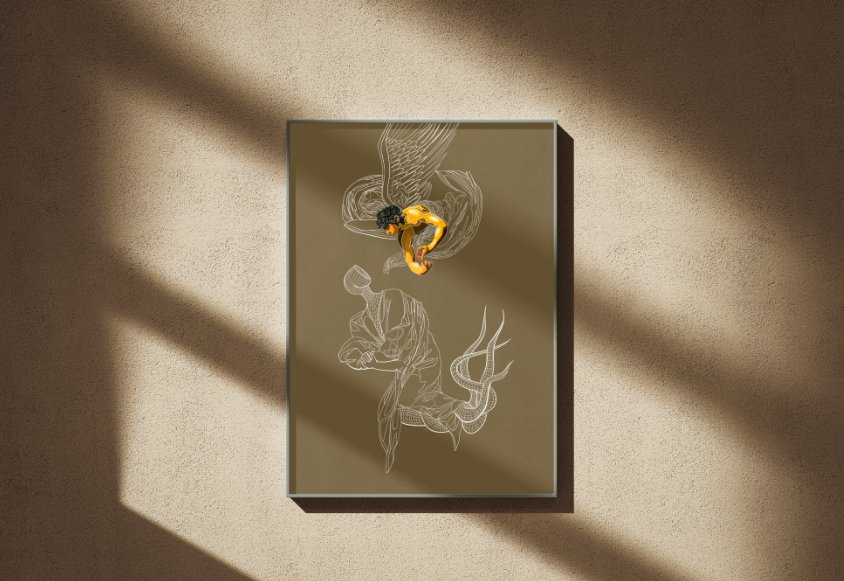 Art canvas on a wall with abstract sketches and a small golden sculpture attached. The canvas shows line drawings of two figures intertwined, set in a room with sunlight casting shadows.