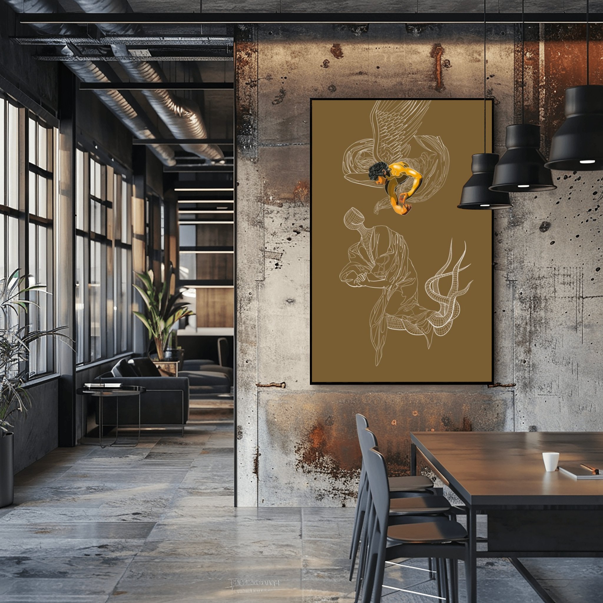 Loft-style office with industrial design, featuring large windows, concrete flooring, chairs around a table, plants, pendant lighting, and a modern art piece on the wall.