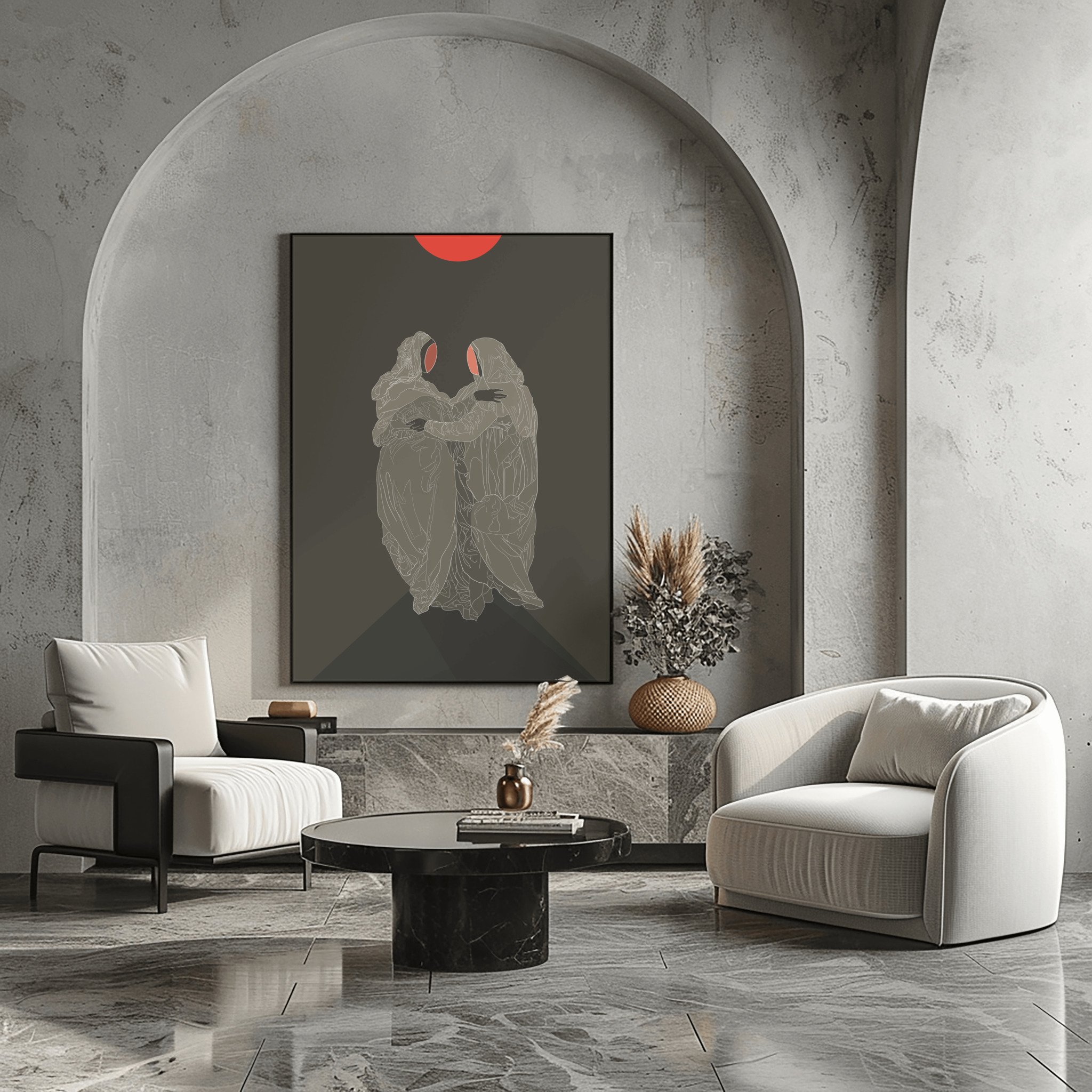 Modern living room with abstract artwork of two figures, gray color palette, round black coffee table, white armchairs, and decorative vases.
