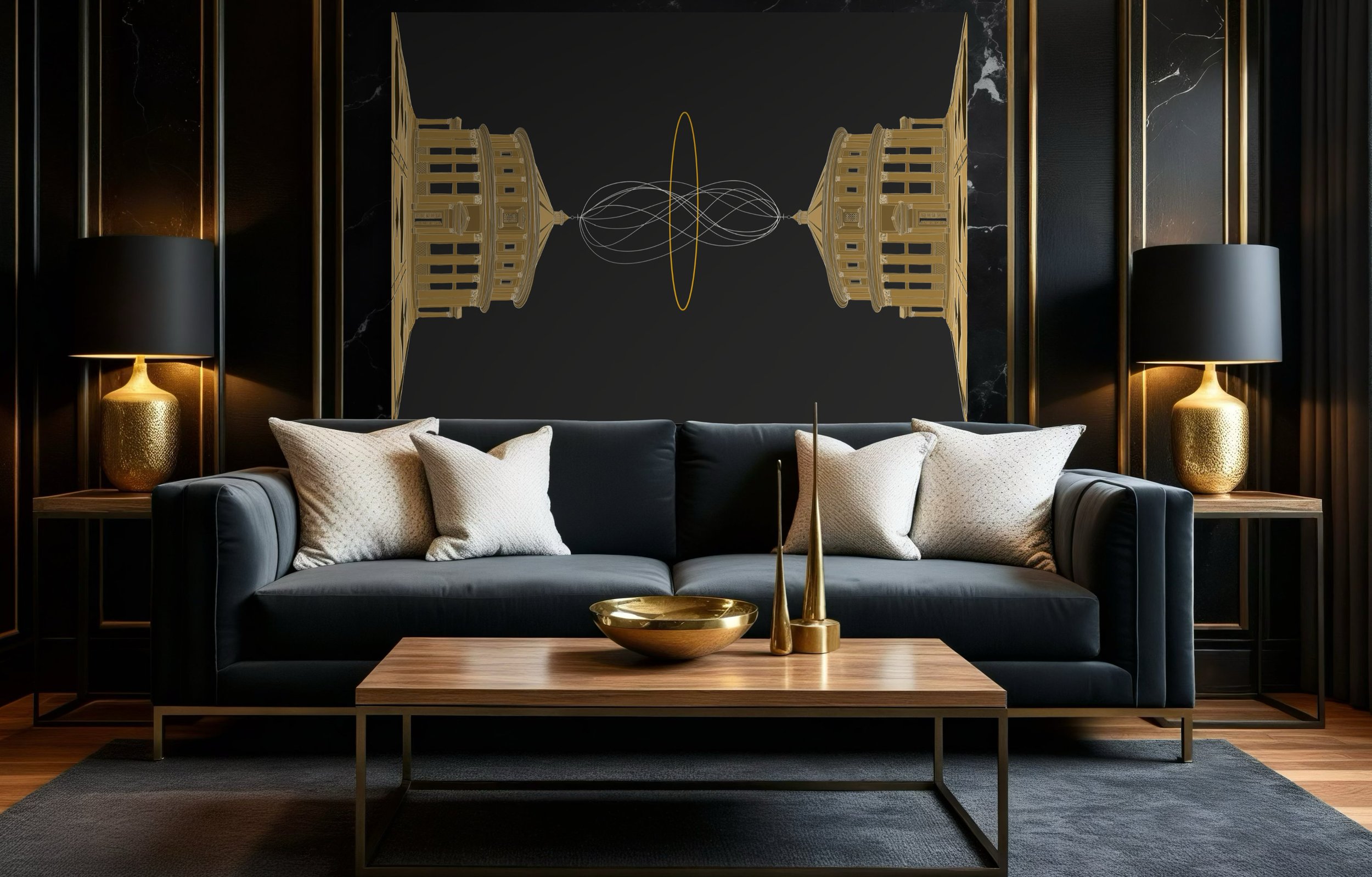 Modern living room with dark sofa, gold accents, abstract artwork, and table lamps