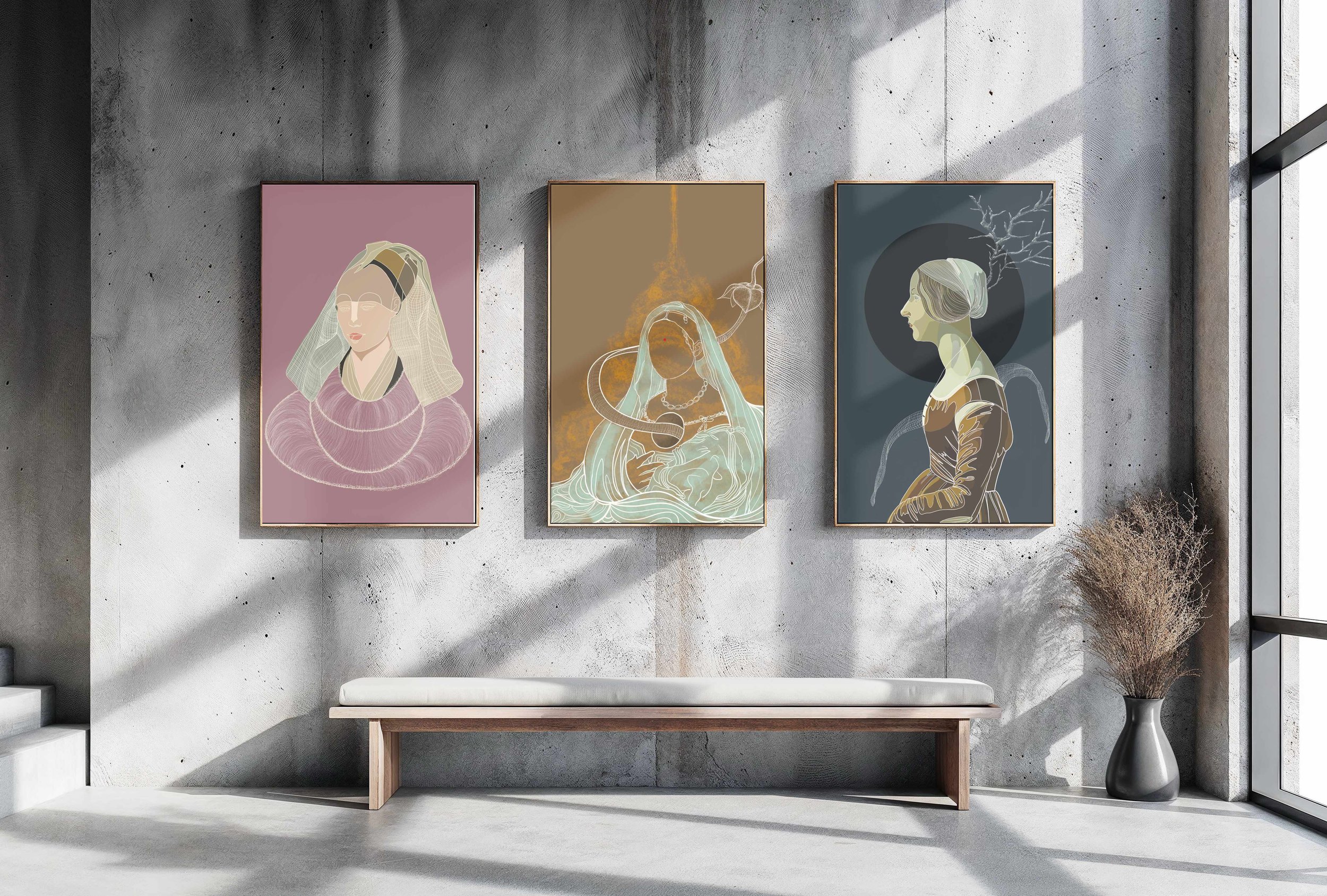 Three modern art prints with abstract female portraits hanging on a concrete wall above a minimalist bench.