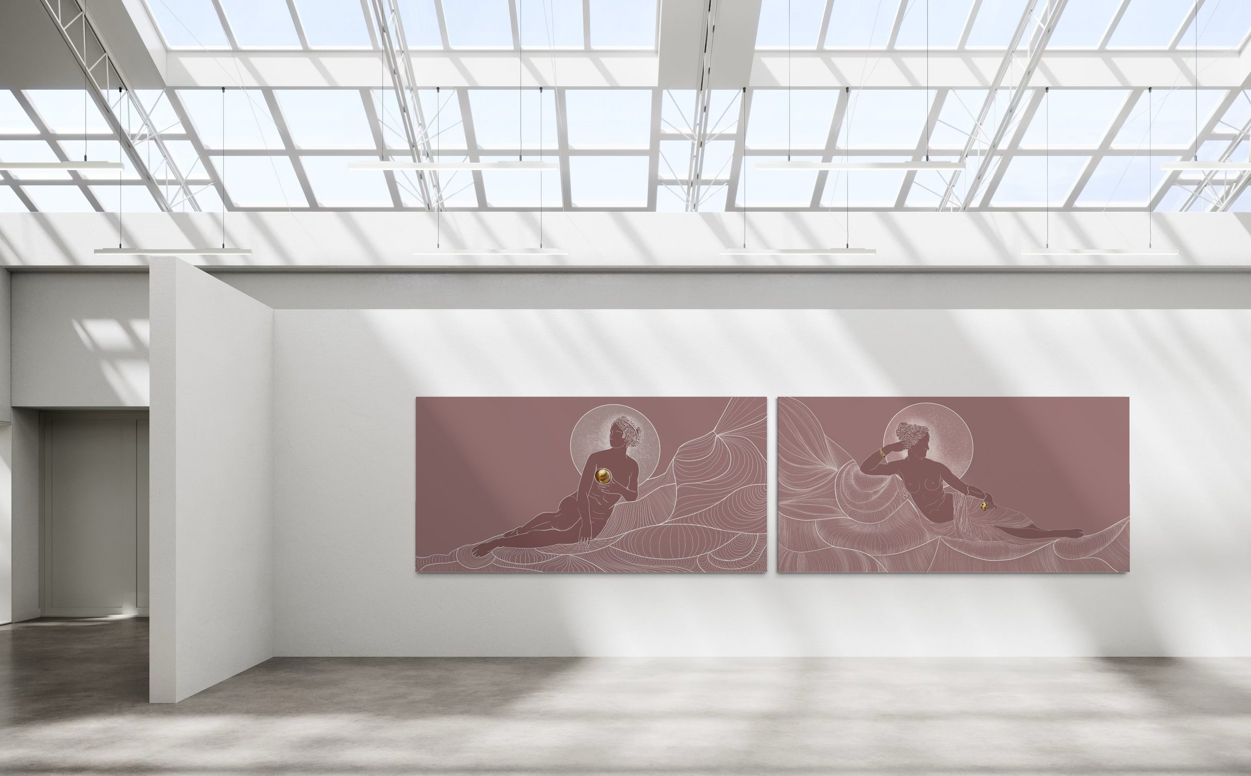 Modern gallery interior with large wall art, featuring abstract human figures on pink backgrounds, under a glass ceiling with natural light streaming in.