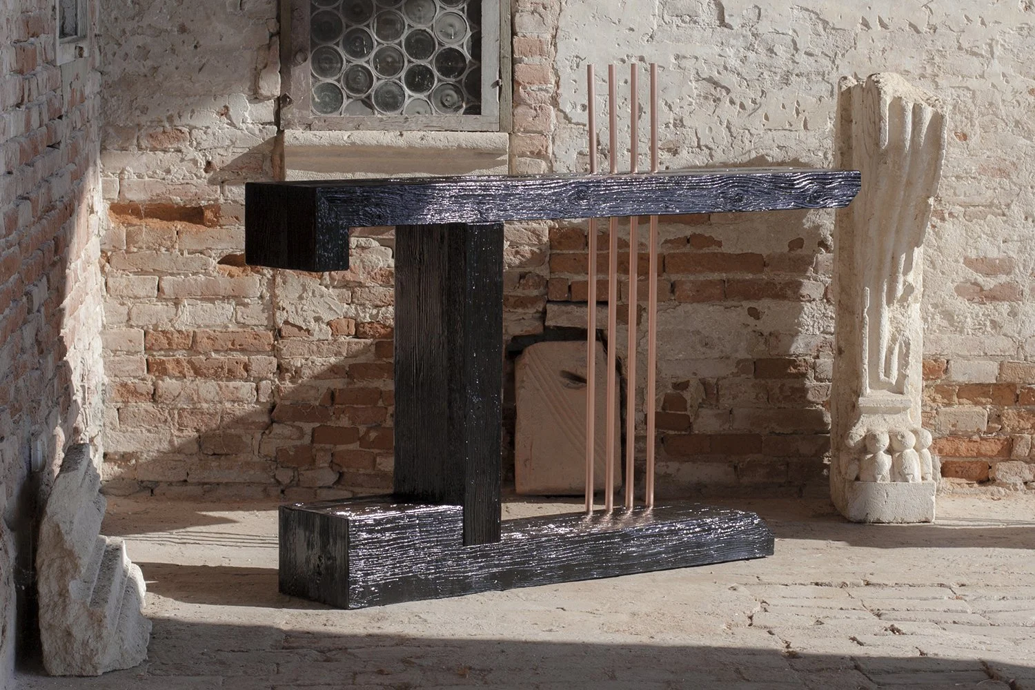 Assoluti 1 - Artistic furniture - Paint on raw wood and copper tubes