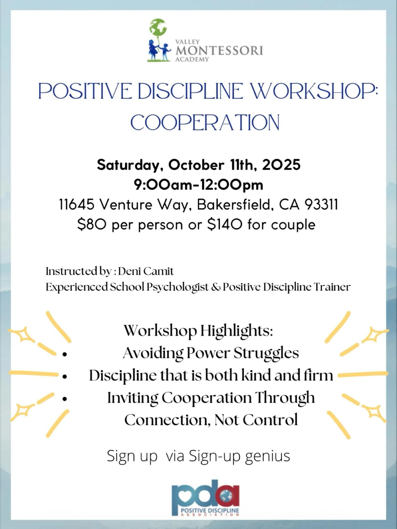 🌟 Positive Discipline Workshop 🌟
📅 Saturday, Oct 11
🕘 9:00 AM &ndash; 12:00 PM
📍 11645 Venture Way, Bakersfield, CA

Join us for a powerful, practical, and uplifting morning! 💬✨
Whether you&rsquo;re new or returning, you&rsquo;ll leave with too