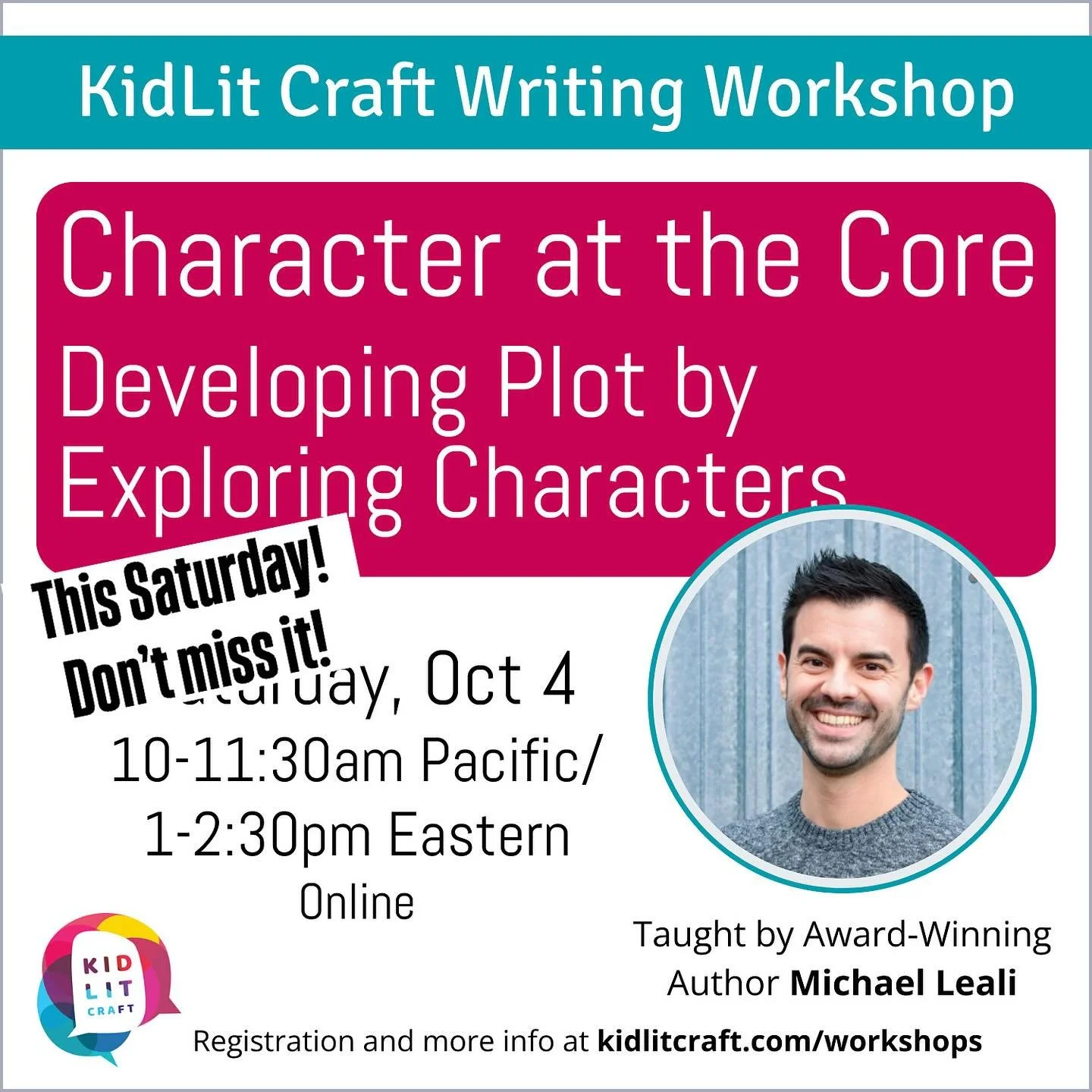 WRITERS! THIS SATURDAY!
Join us for Michael Leali&rsquo;s online workshop on how to get your plot unstuck by diving into character.
Register now! kidlitcraft.com/workshops