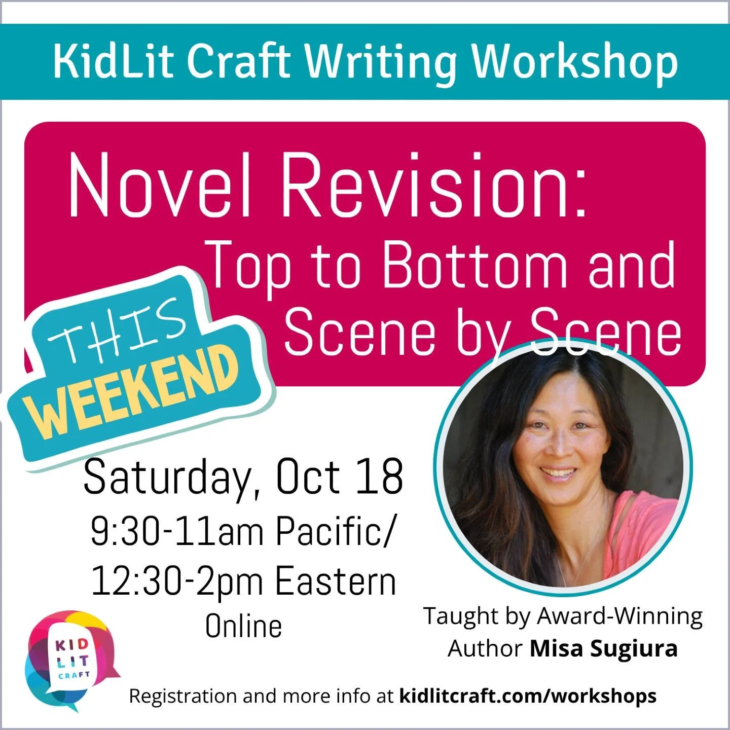 It's not too late to register! Join KidLit Craft and all-star middle grade and young adult author @misallaneous1 (&quot;Momo Arashima Duels the Queen of Death&quot;) on Saturday, October 18th for a workshop on all things revision. If you've been hold