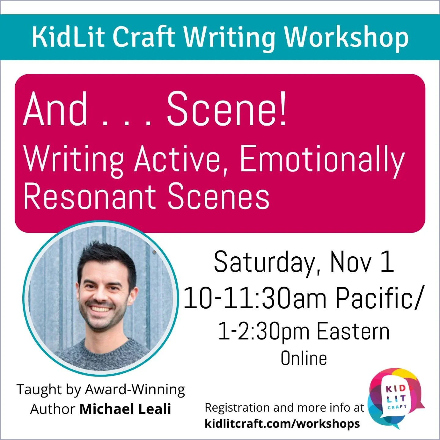 Can scenes be both emotional and active? Yes! Learn how in our workshop &quot;And . . . Scene!:
Writing Active, Emotionally Resonant Scenes&quot; on Saturday, November 1, with award-winning middle grade author @michaelleali (&quot;The Truth About Tri