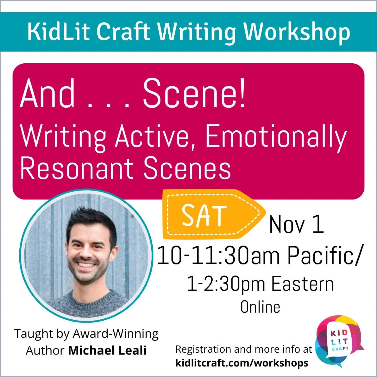 Don't miss it! Join us on Saturday, November 1, for our workshop with acclaimed middle grade author @michaelleali (&quot;The Truth About Triangles&quot;) about crafting scenes that are both plot and character forward. Bring your work in progress and 