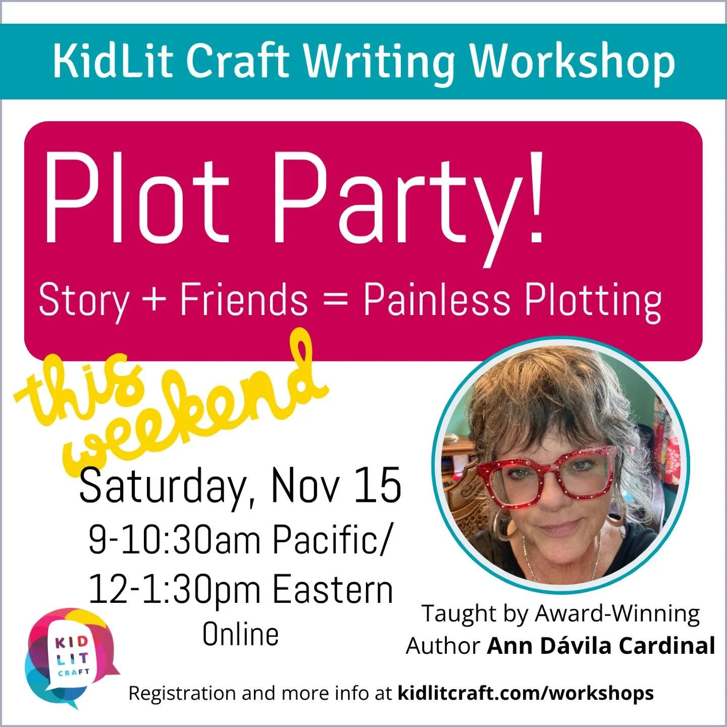 It's not too late to join the party!

This Saturday, KidLit Craft is hosting a plotting party with acclaimed young adult author @anndavilacardinal (&quot;You've Awoken Her&quot;). Bring an existing plot or create a new one in this fun and interactive