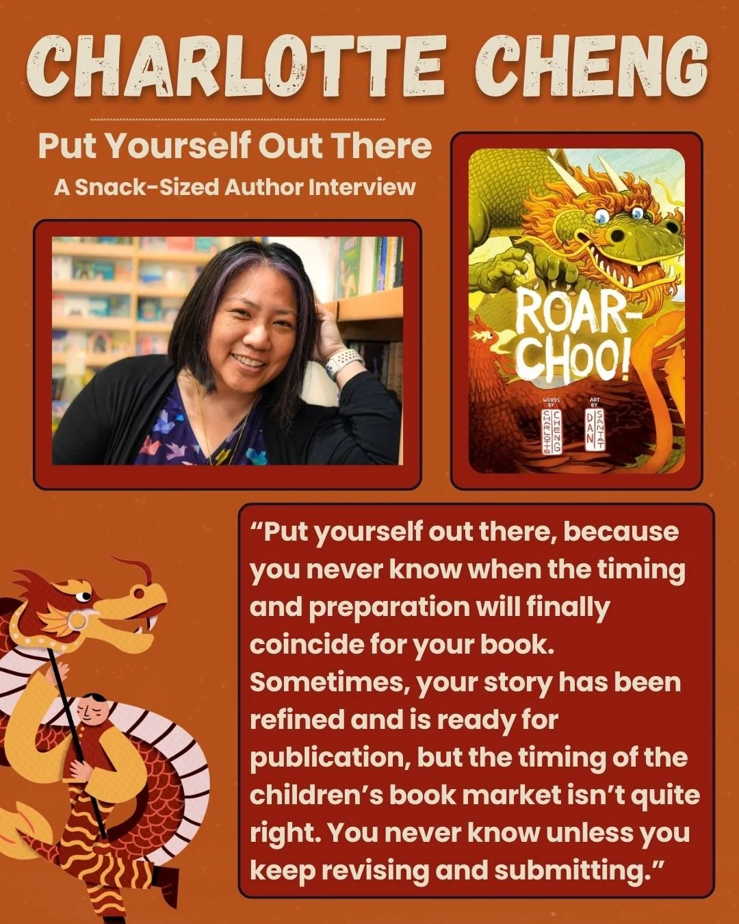 Finding success as a #KidLit writer happens when you put yourself out there, as @charlottemakesbooks ("Roar-Choo!") endorses in our interview. Charlotte also touches on crafty topics, like how she came to embrace the process of revision. Re