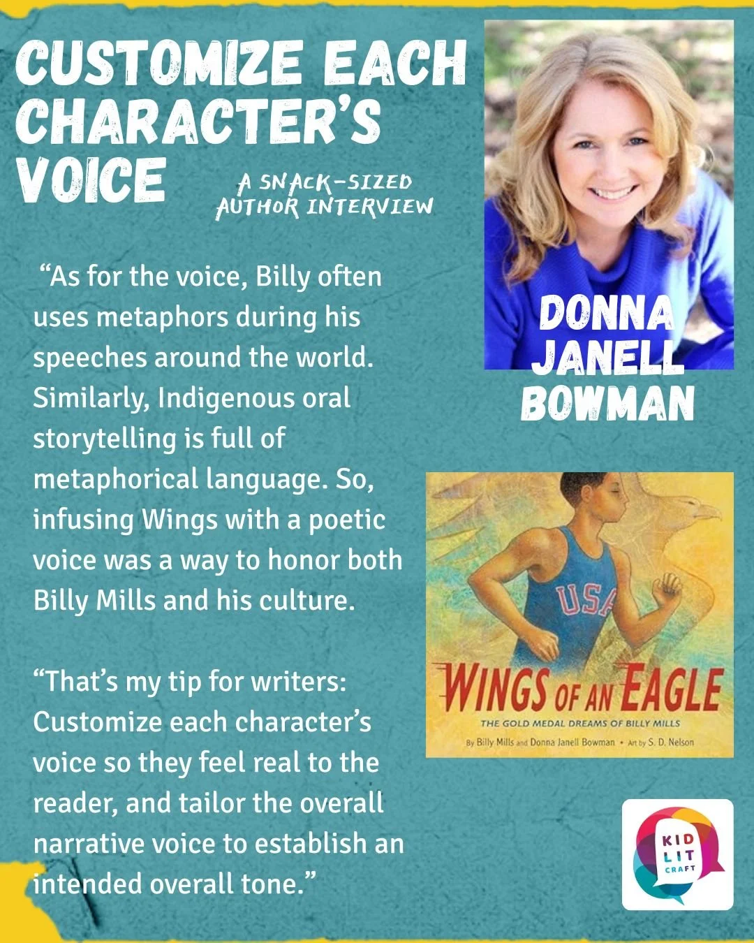 In our new interview, @donnajbbwrites ("Wings of an Eagle: The Gold Medal Dreams of Billy Mills") offers many helpful tips for writers, including the benefits of customizing both your character and narrative voice. We also touch on crafty i